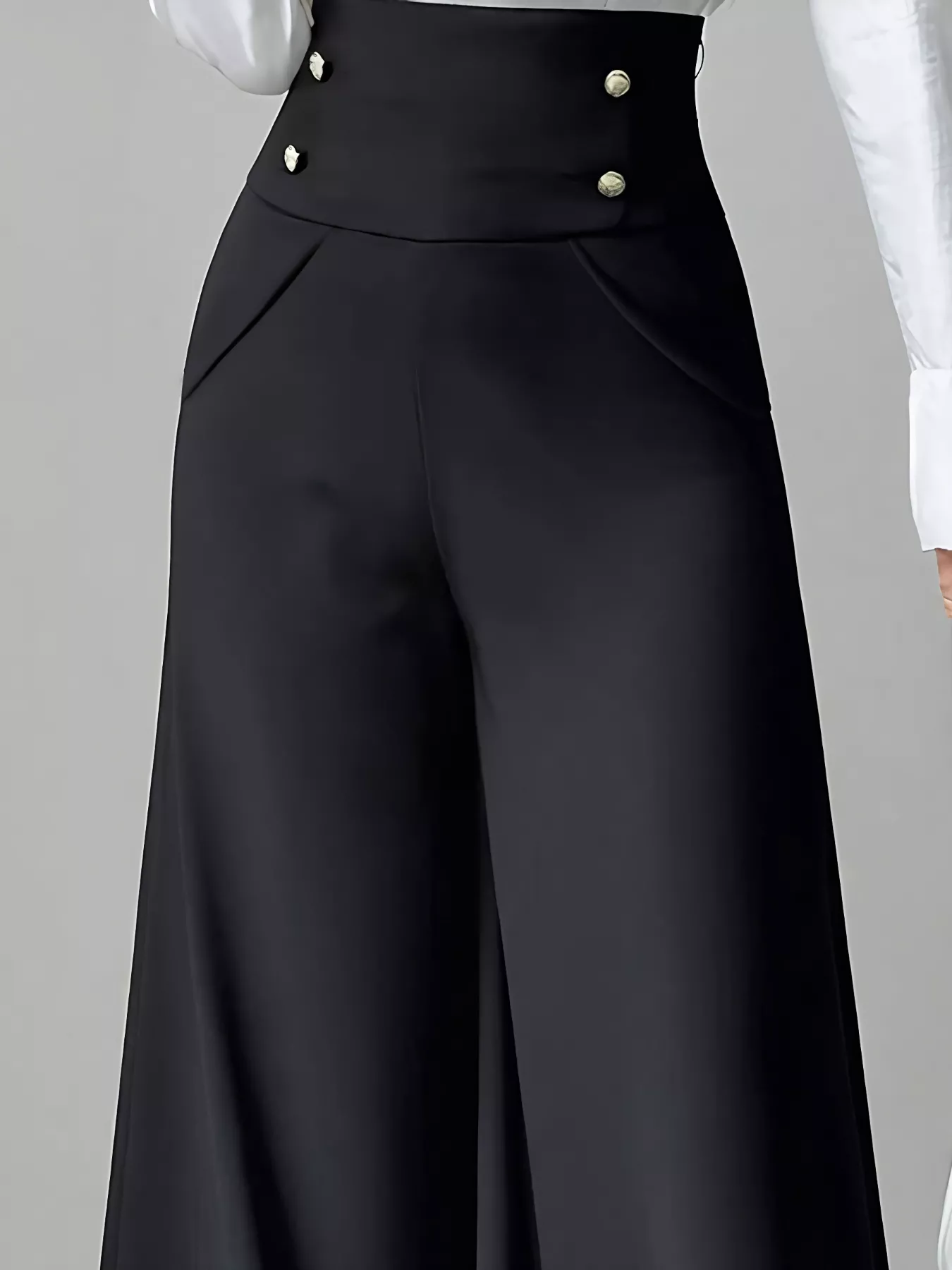 High Waist Wide Leg Button Decor Pants - Image 4