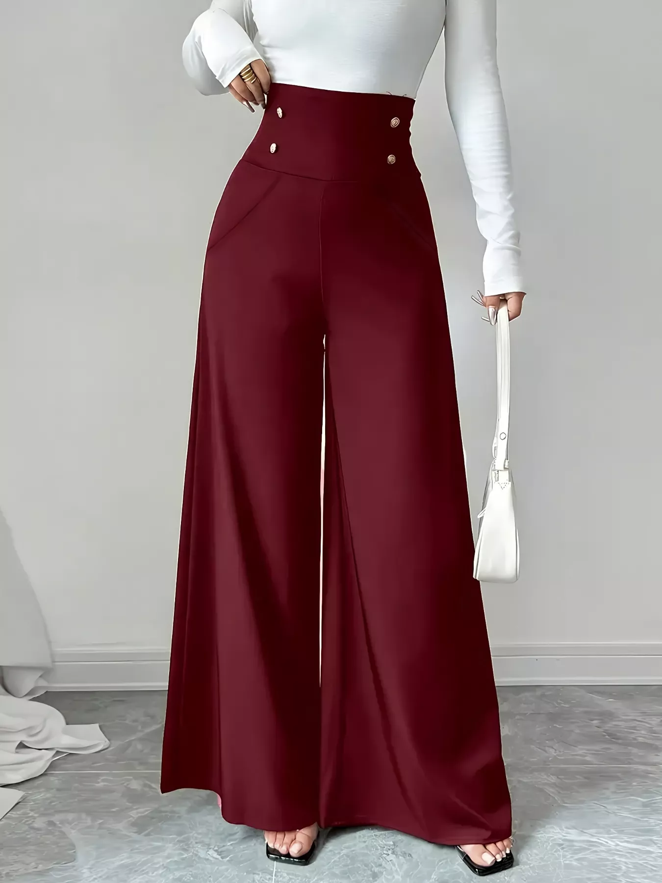 High Waist Wide Leg Button Decor Pants - Image 5