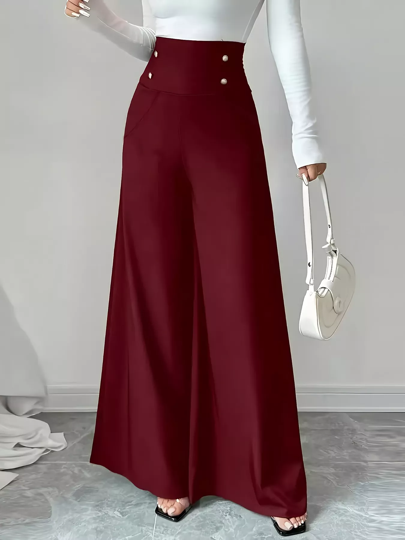High Waist Wide Leg Button Decor Pants - Image 6