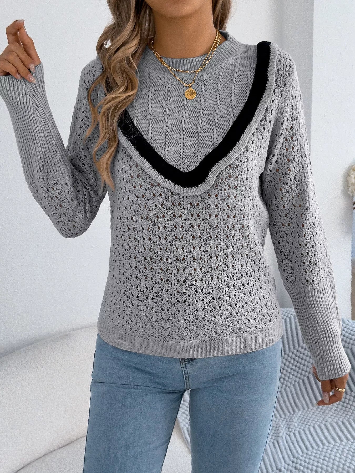 Hollow-Out Knit Top with Contrast Trim - Image 11
