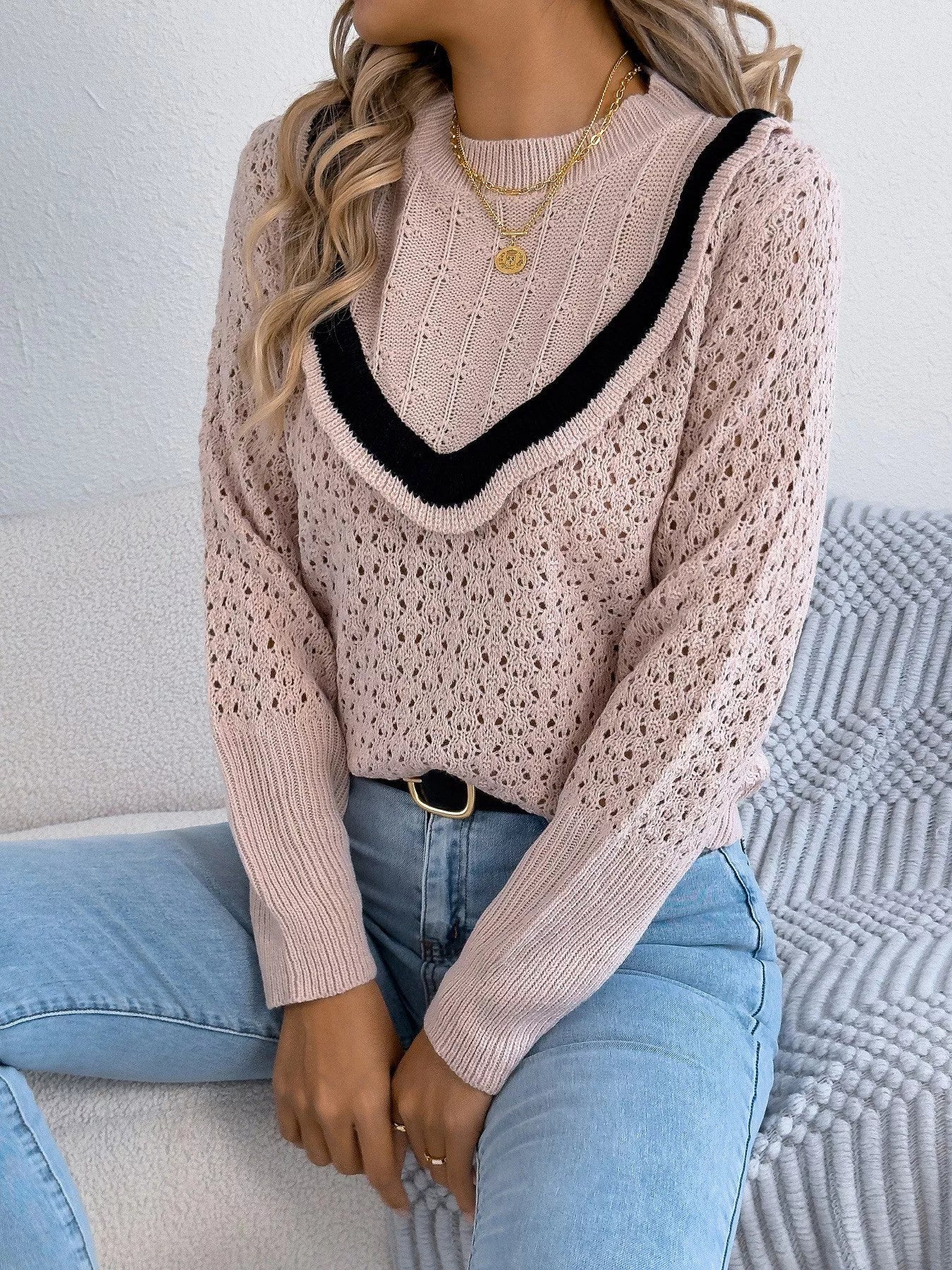 Hollow-Out Knit Top with Contrast Trim - Image 12