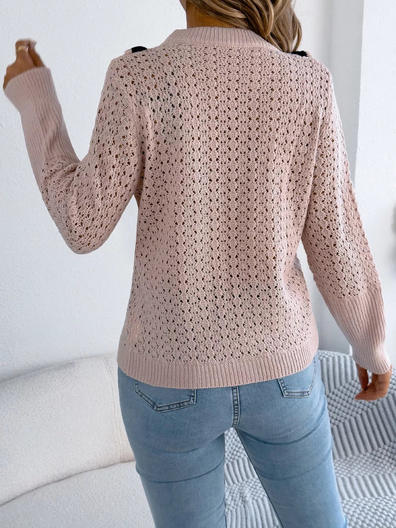 Hollow-Out Knit Top with Contrast Trim - Image 13