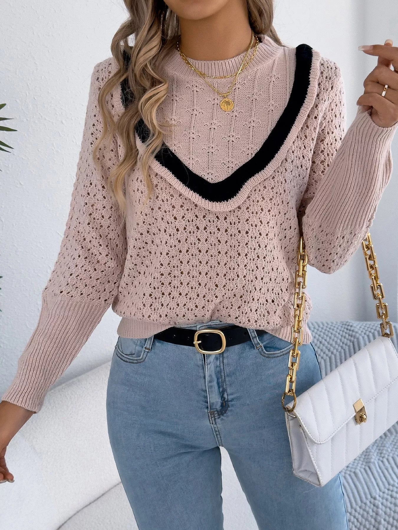 Hollow-Out Knit Top with Contrast Trim - Image 14