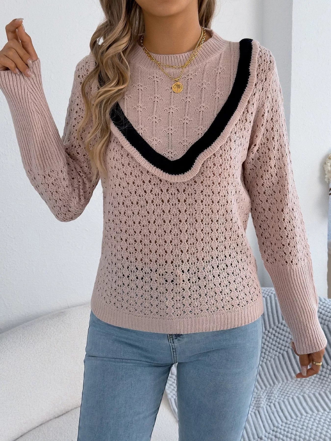 Hollow-Out Knit Top with Contrast Trim - Image 17