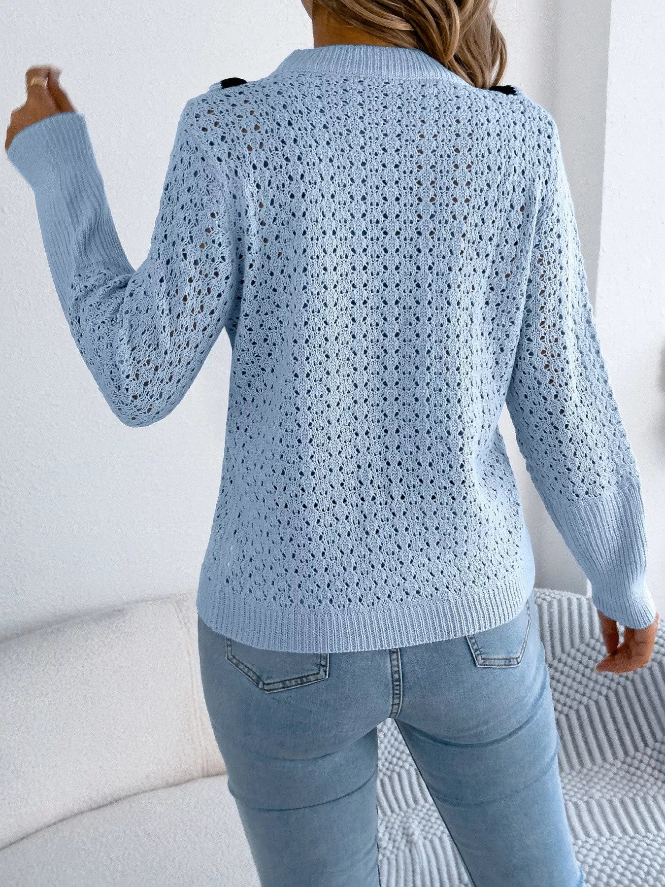 Hollow-Out Knit Top with Contrast Trim - Image 2