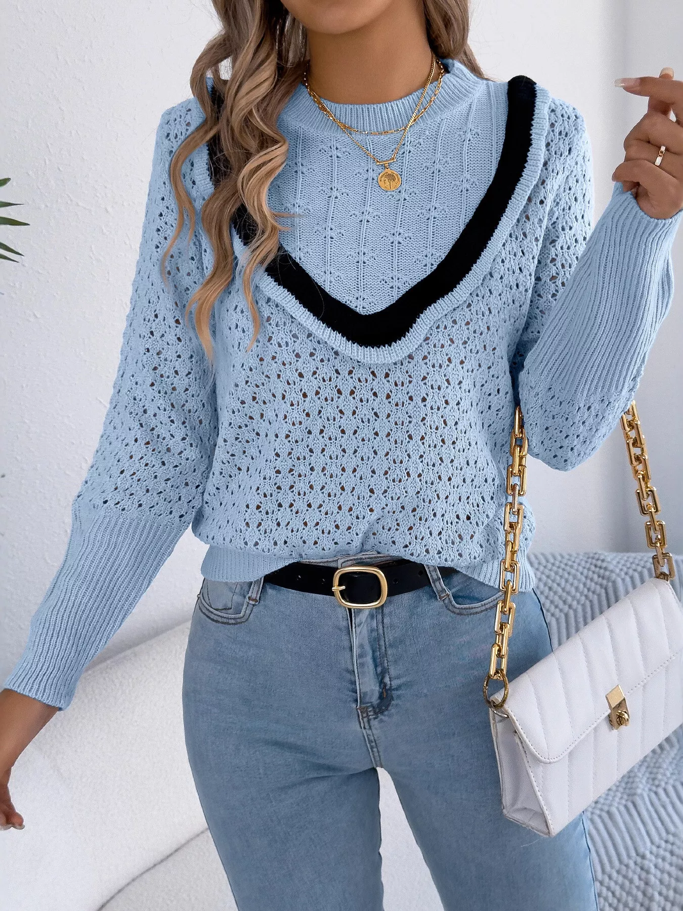 Hollow-Out Knit Top with Contrast Trim - Image 3