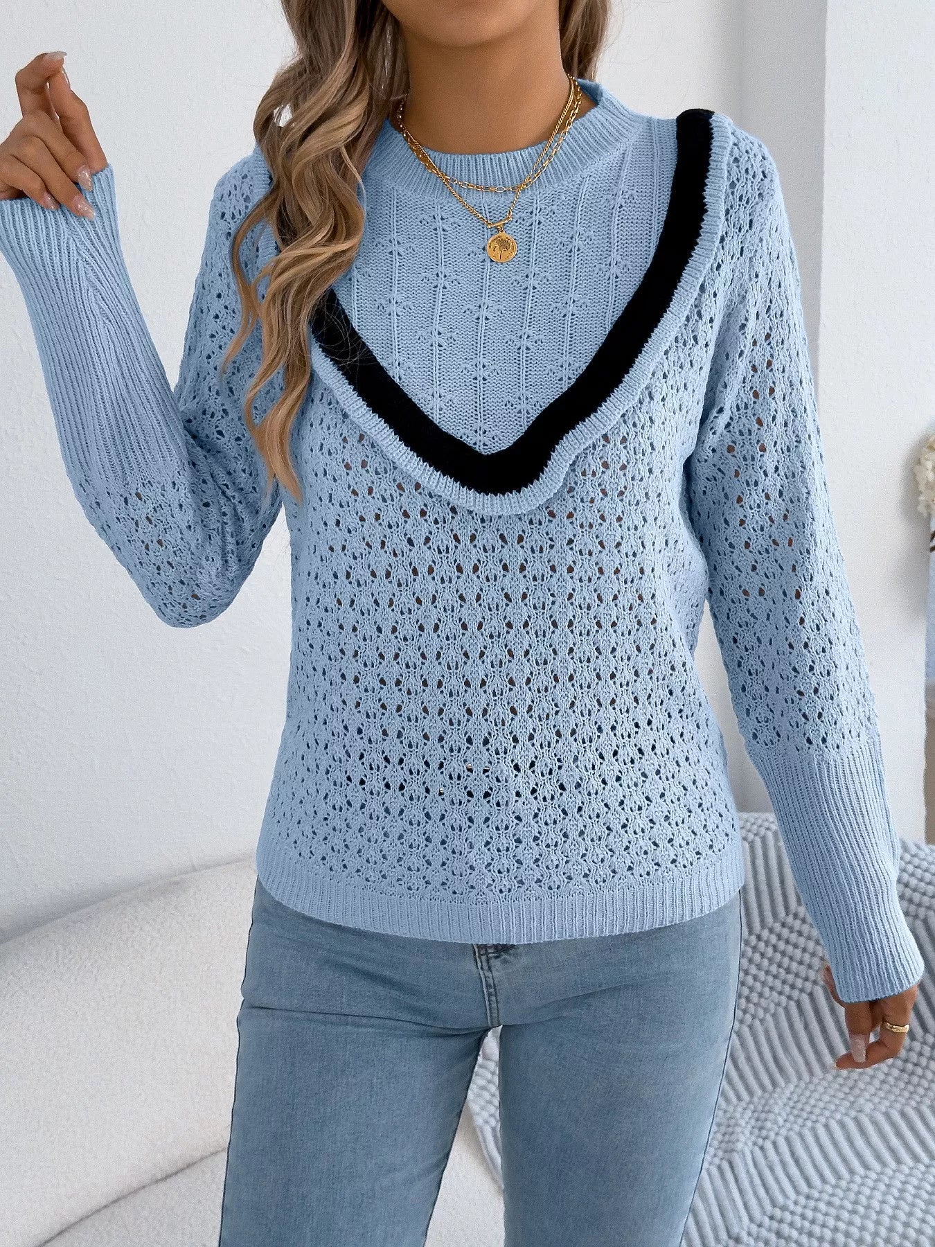Hollow-Out Knit Top with Contrast Trim - Image 5