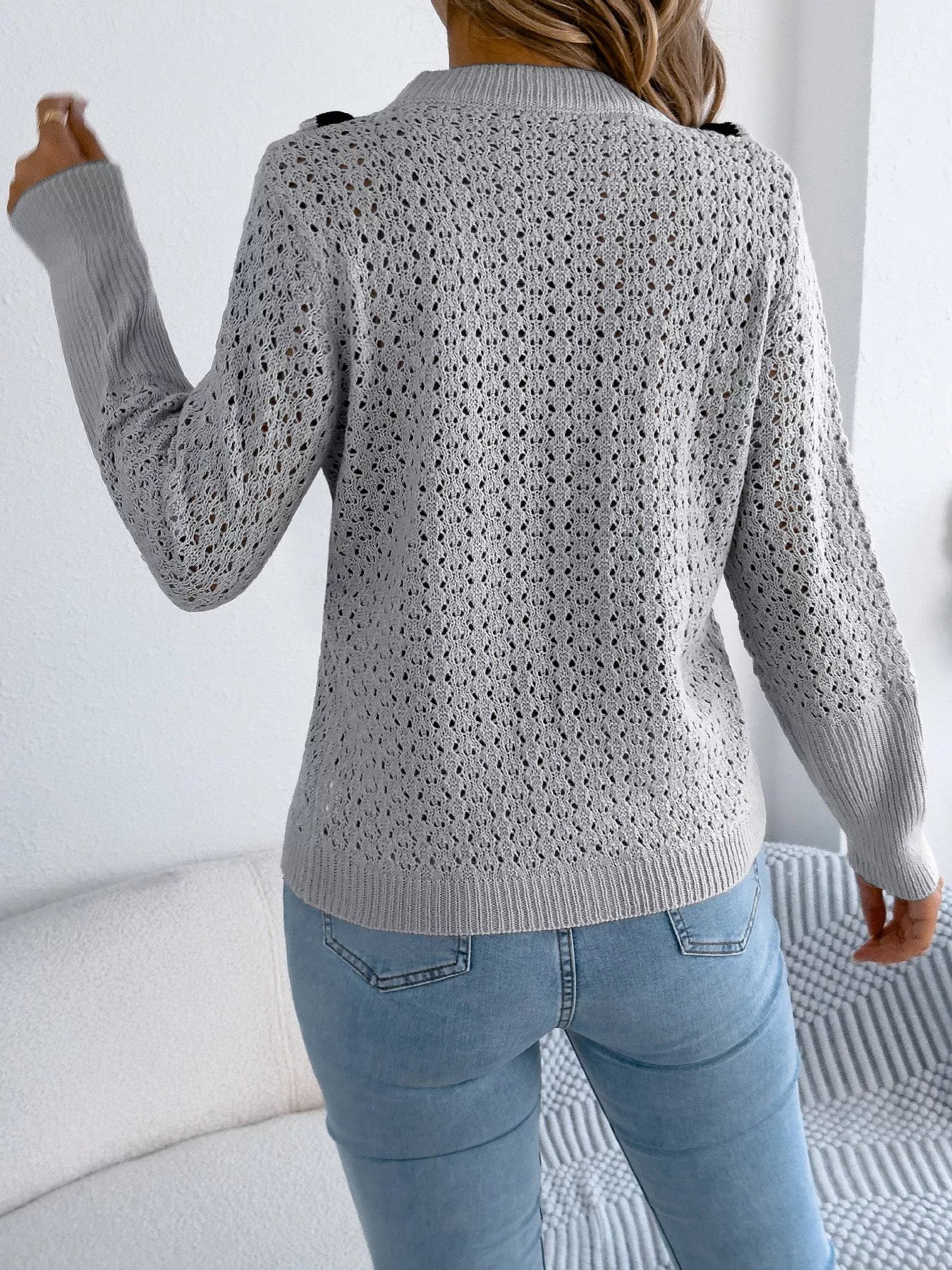 Hollow-Out Knit Top with Contrast Trim - Image 7