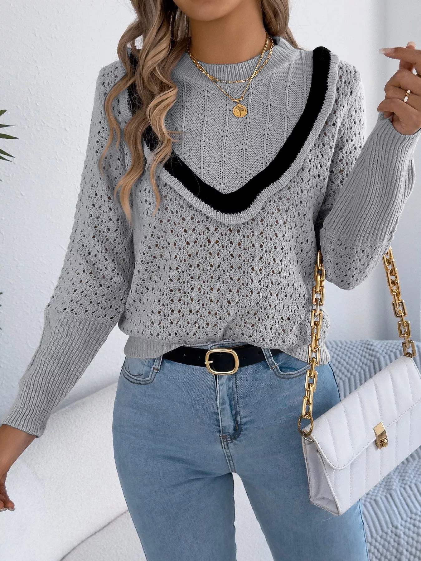 Hollow-Out Knit Top with Contrast Trim - Image 9