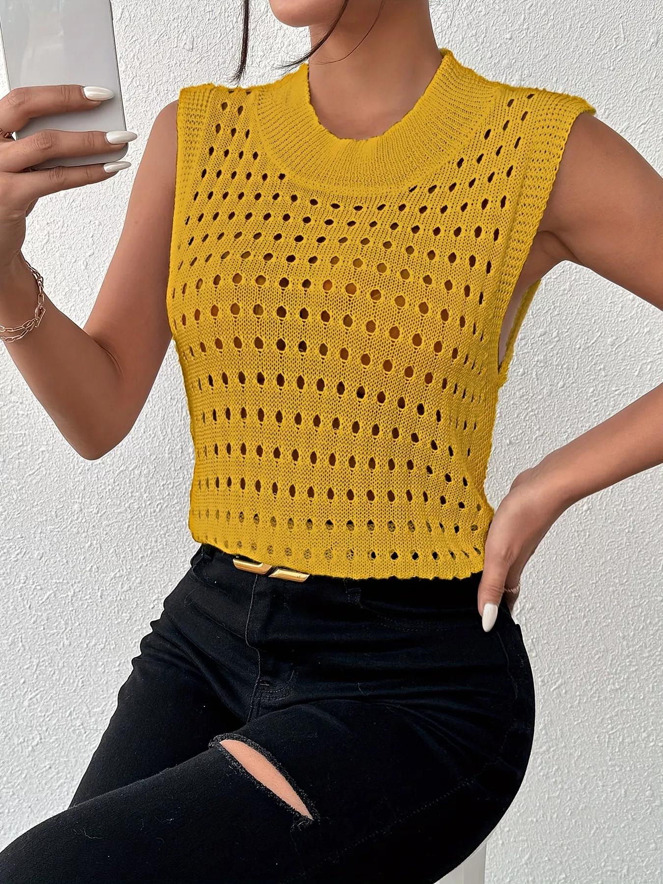 Hollow Out Round Neck Knit Tank - Image 12