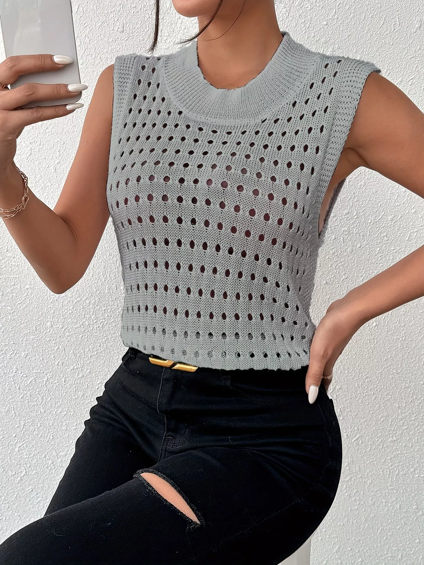 Hollow Out Round Neck Knit Tank - Image 20