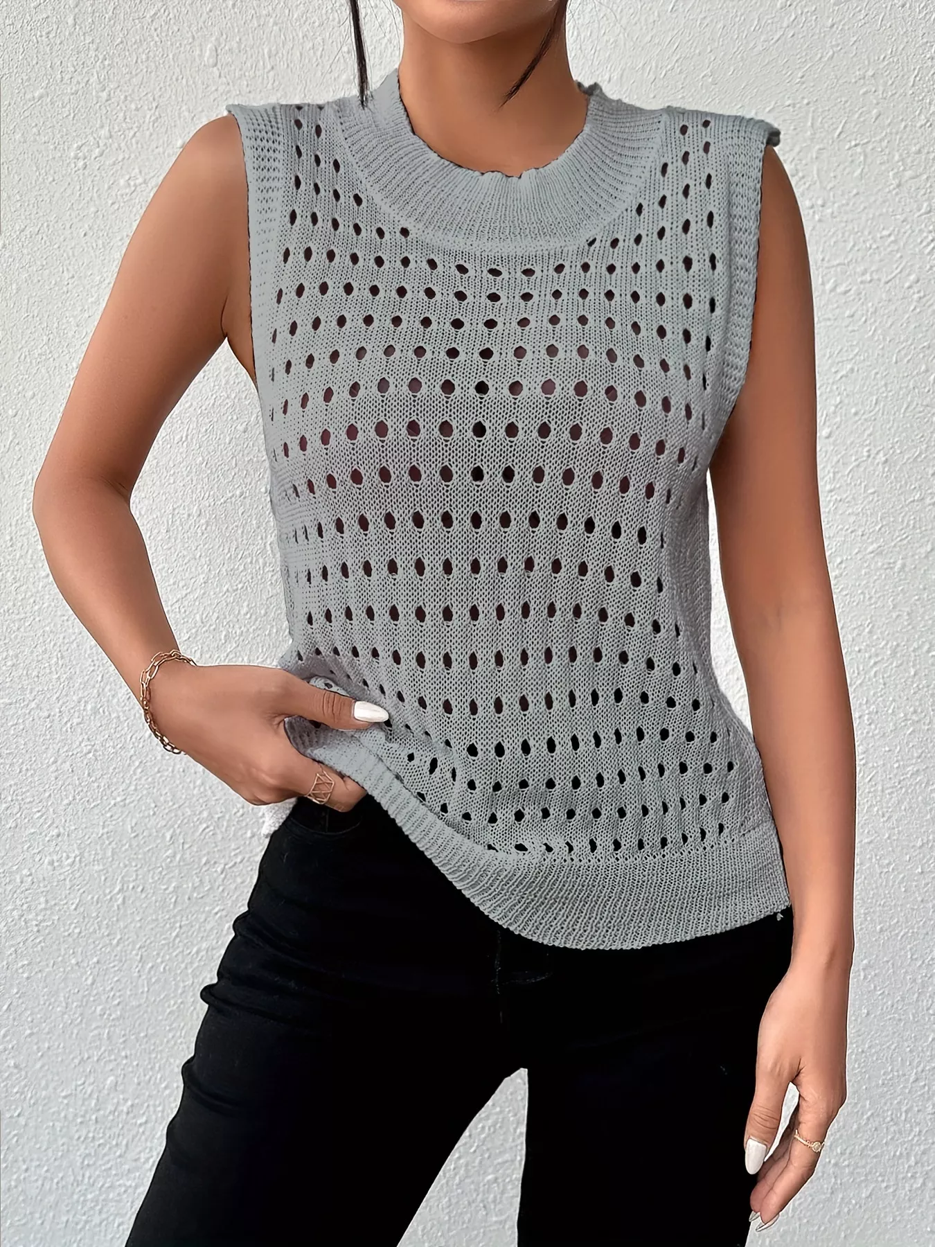 Hollow Out Round Neck Knit Tank - Image 21