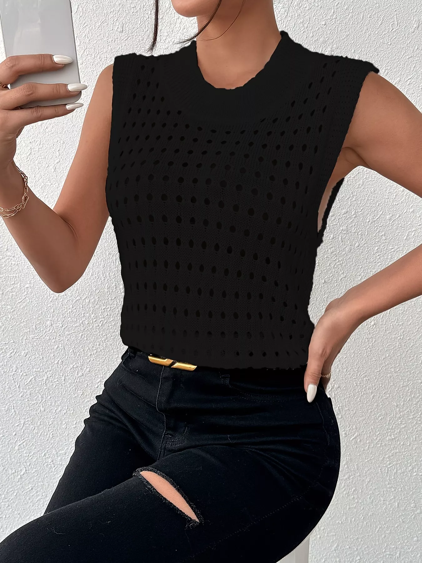 Hollow Out Round Neck Knit Tank - Image 28
