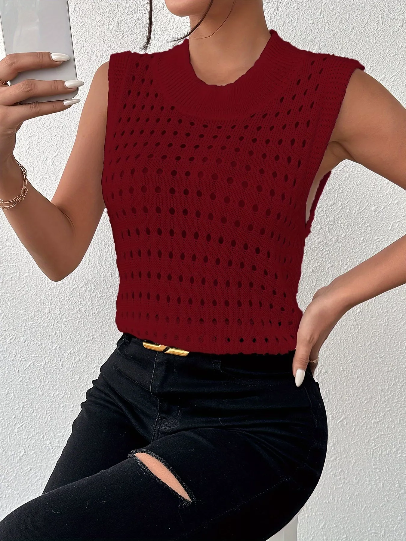 Hollow Out Round Neck Knit Tank - Image 5