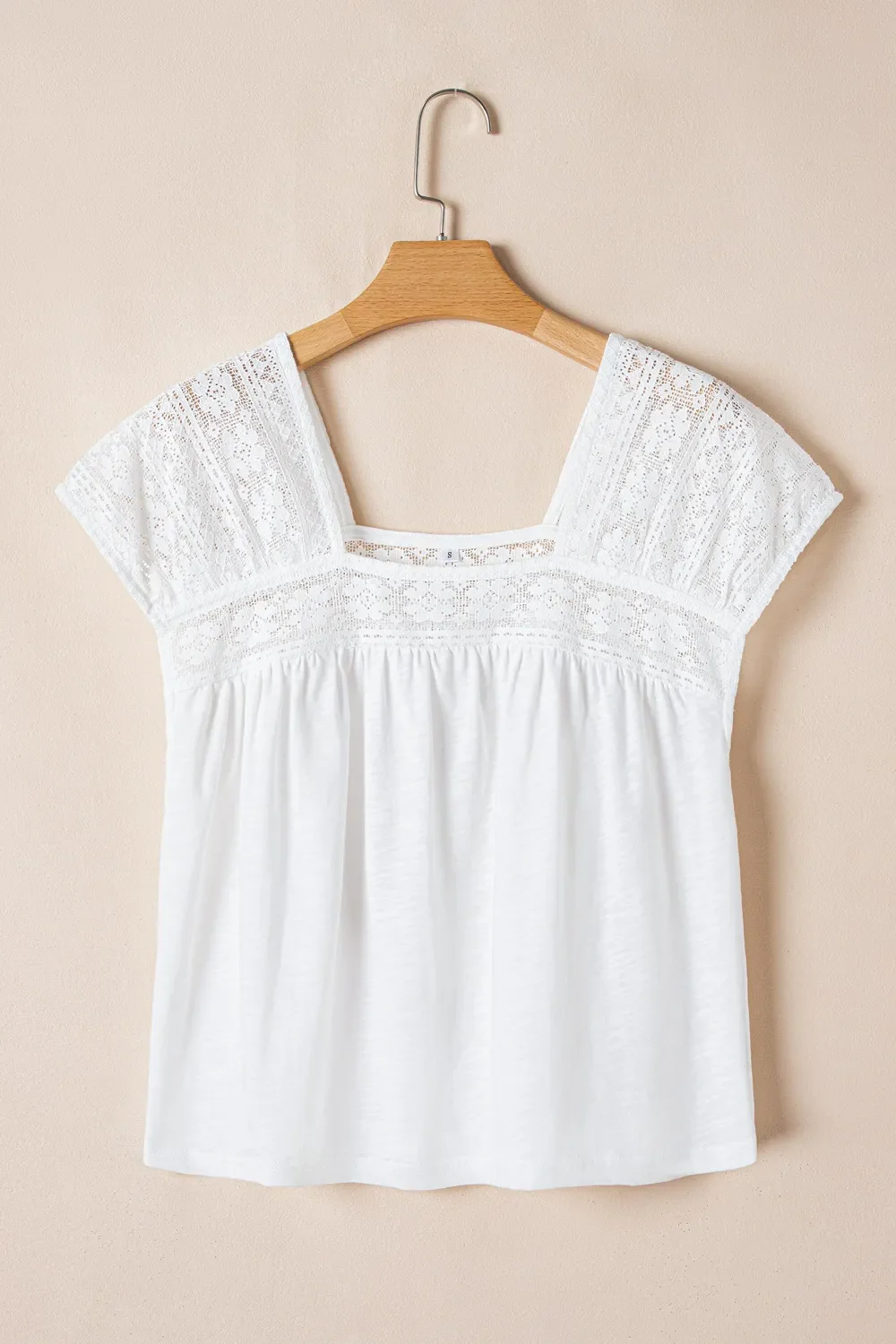Hollowed Lace Patchwork Square Neck Short Sleeve Blouse - Image 3