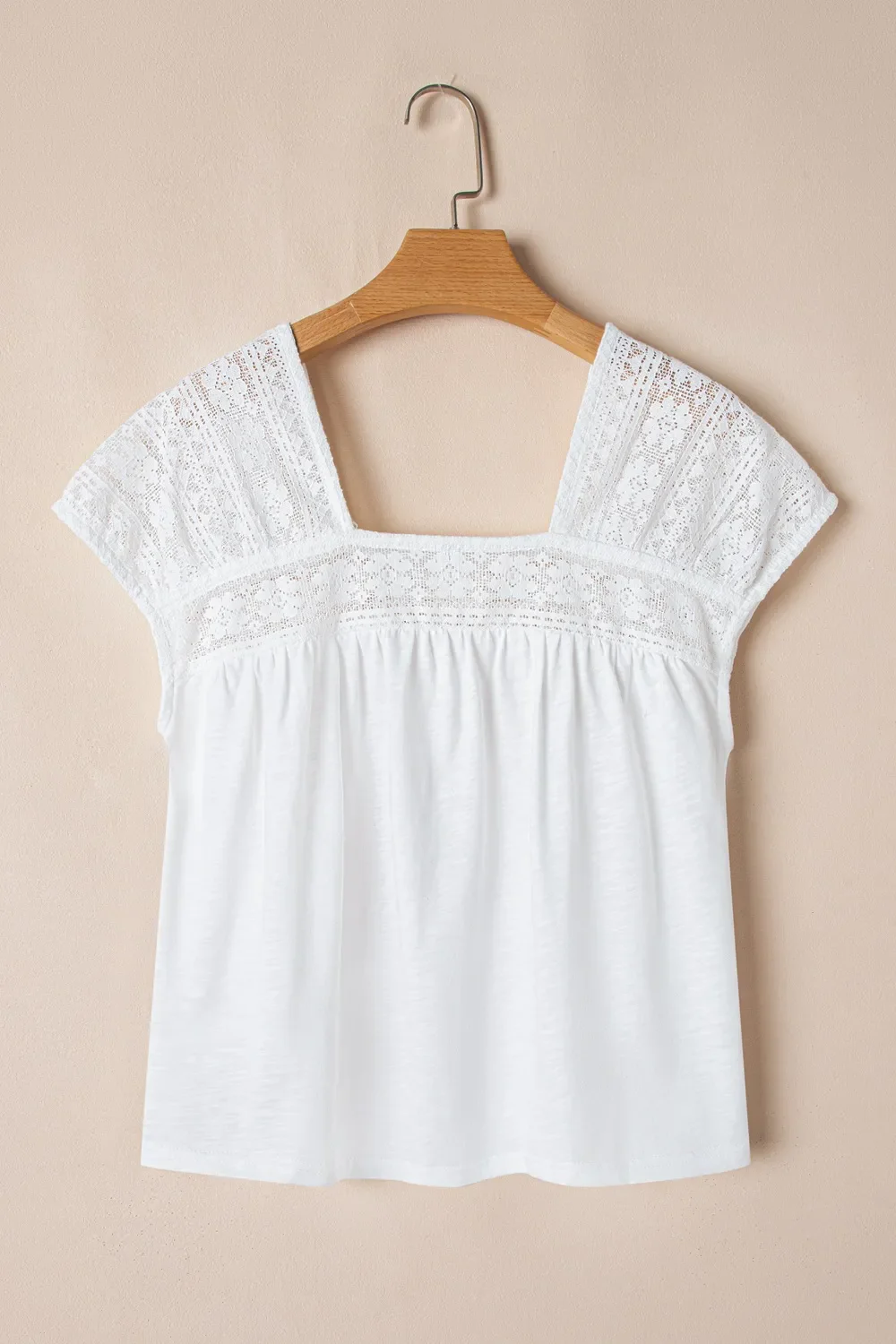 Hollowed Lace Patchwork Square Neck Short Sleeve Blouse - Image 4