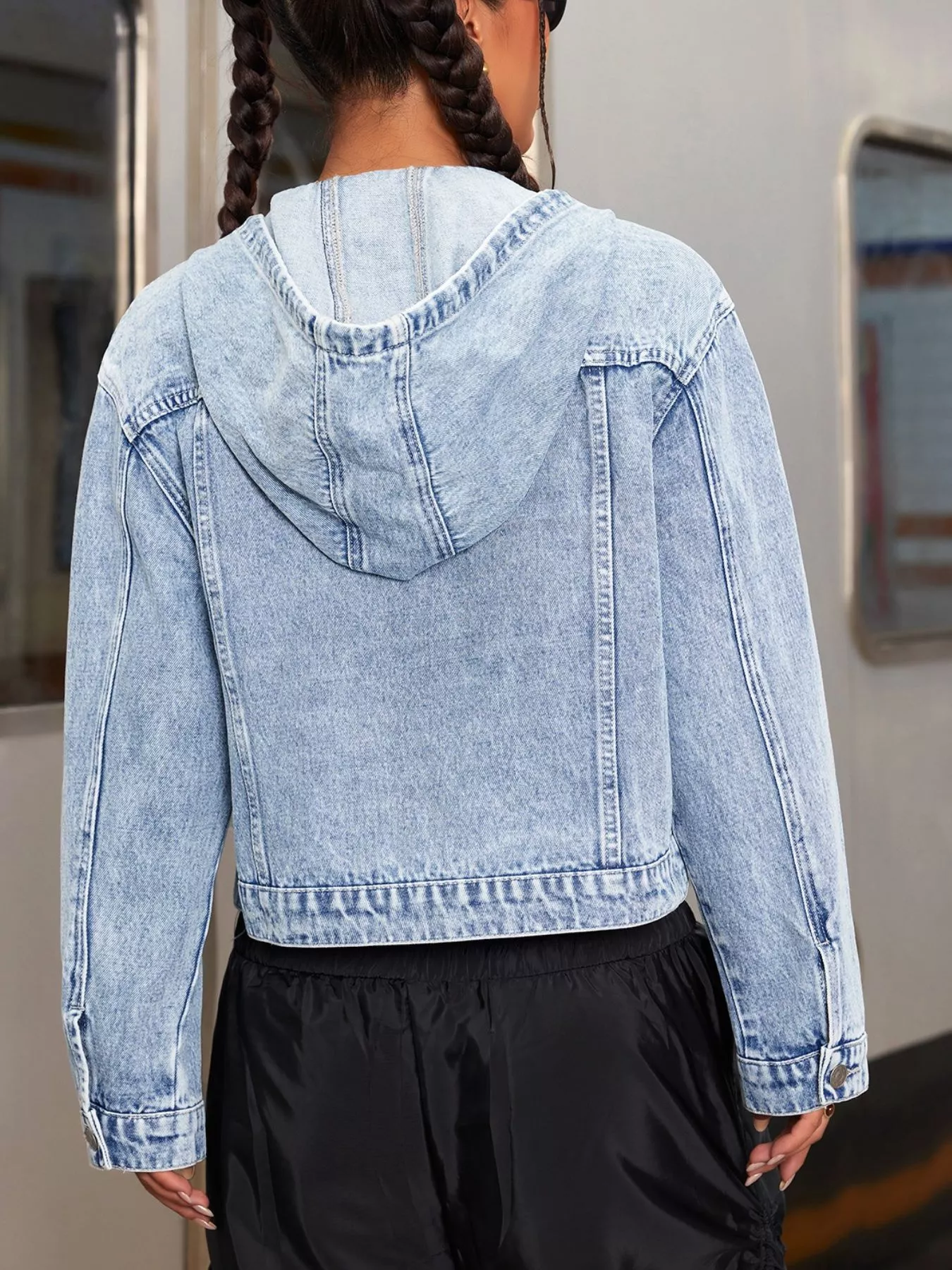 Hooded Drawstring Cropped Denim Jacket - Image 2