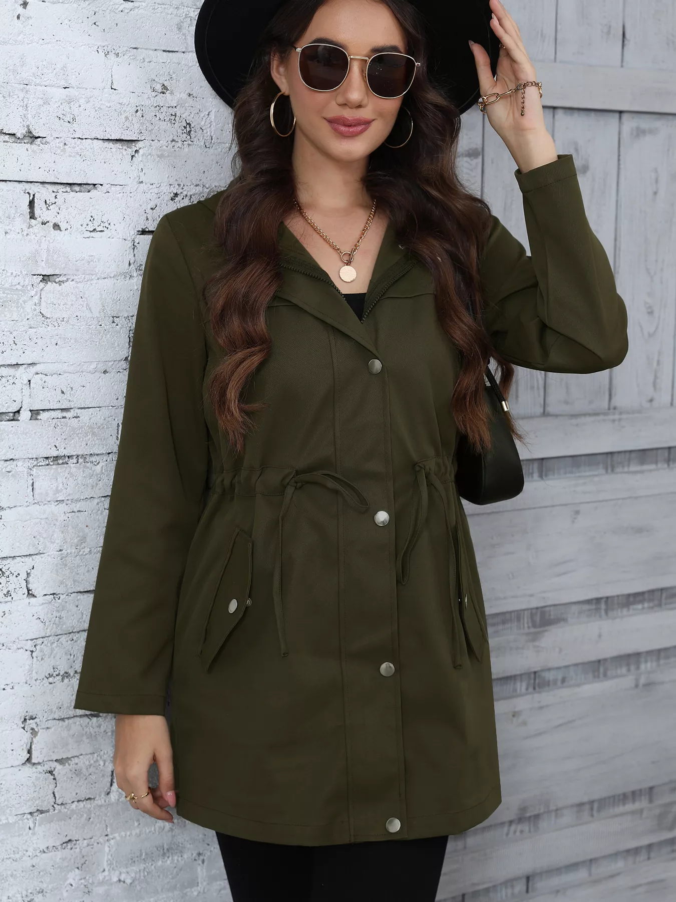 Hooded Drawstring Waist Casual Outerwear - Image 3