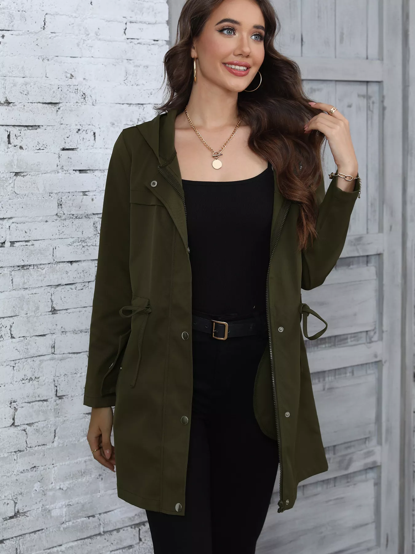 Hooded Drawstring Waist Casual Outerwear - Image 4