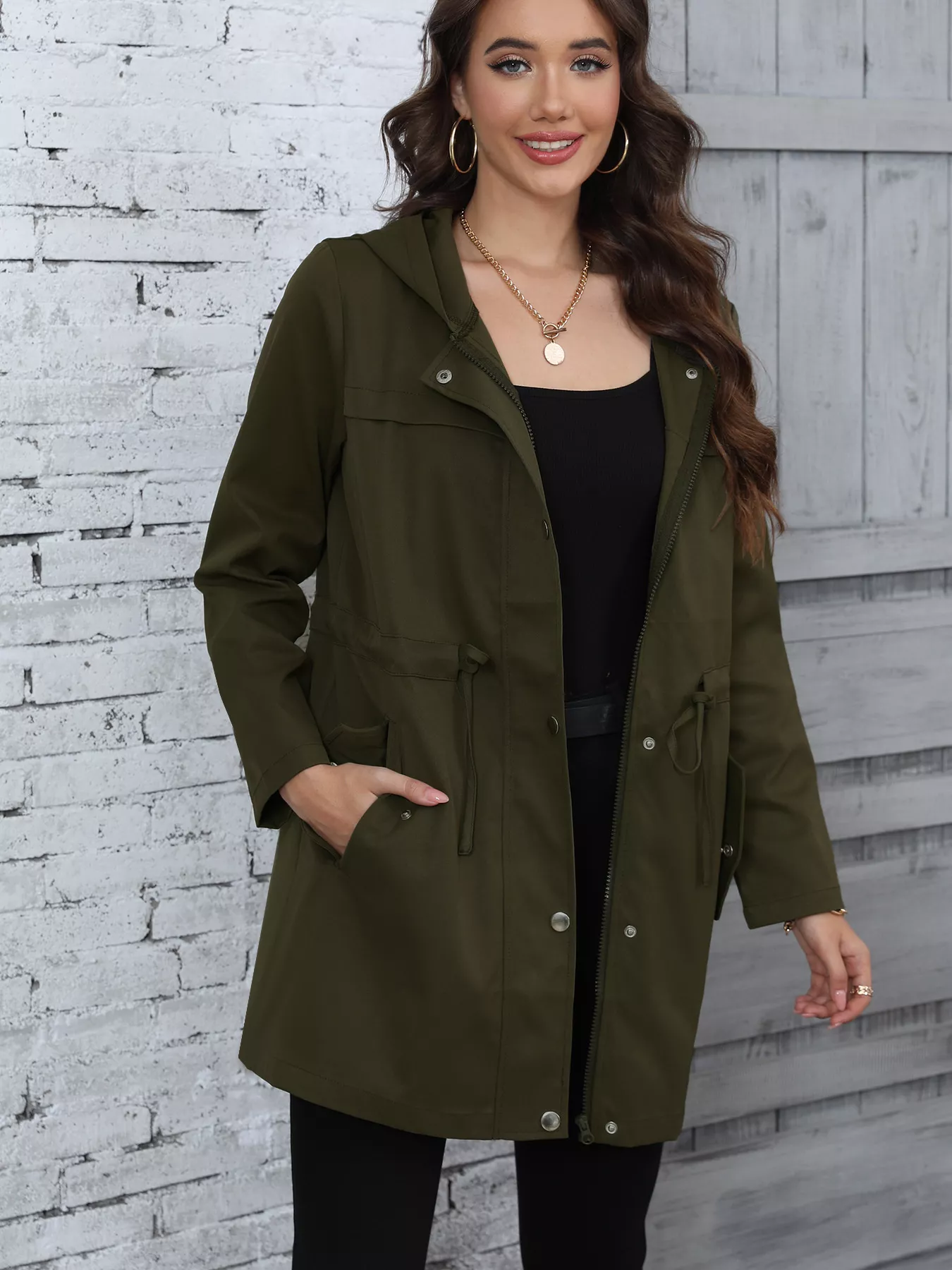 Hooded Drawstring Waist Casual Outerwear - Image 5