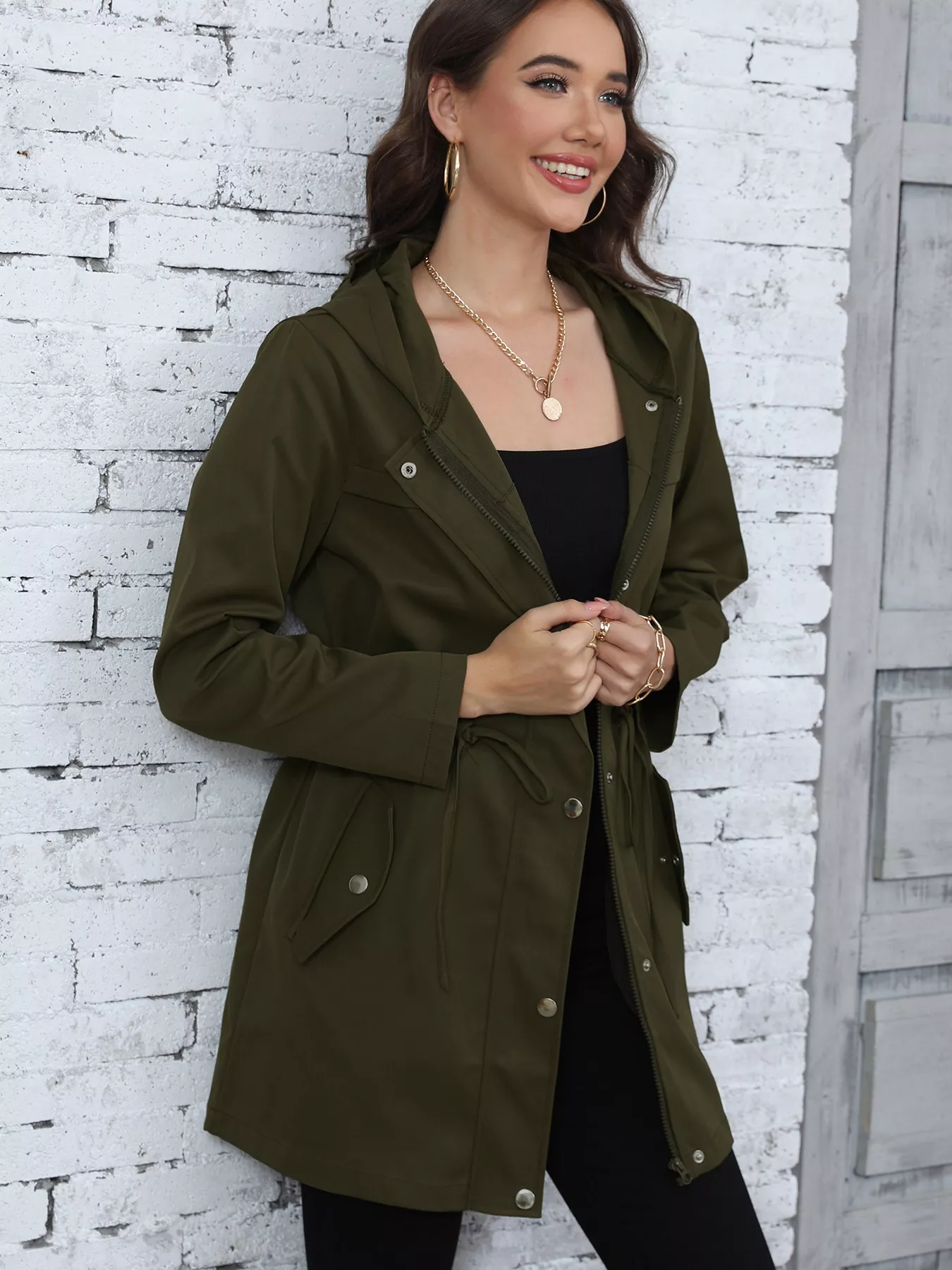 Hooded Drawstring Waist Casual Outerwear - Image 6