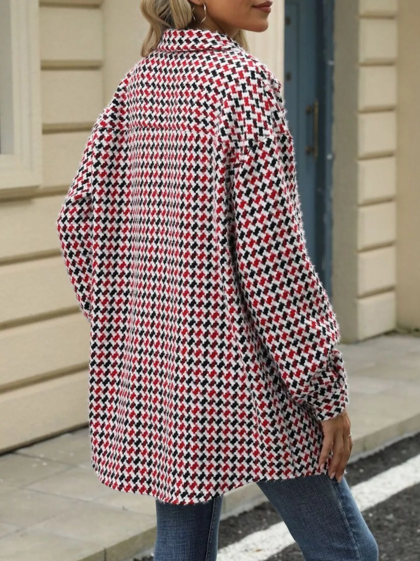 Houndstooth Button Up Long Sleeve Coat - Image 11