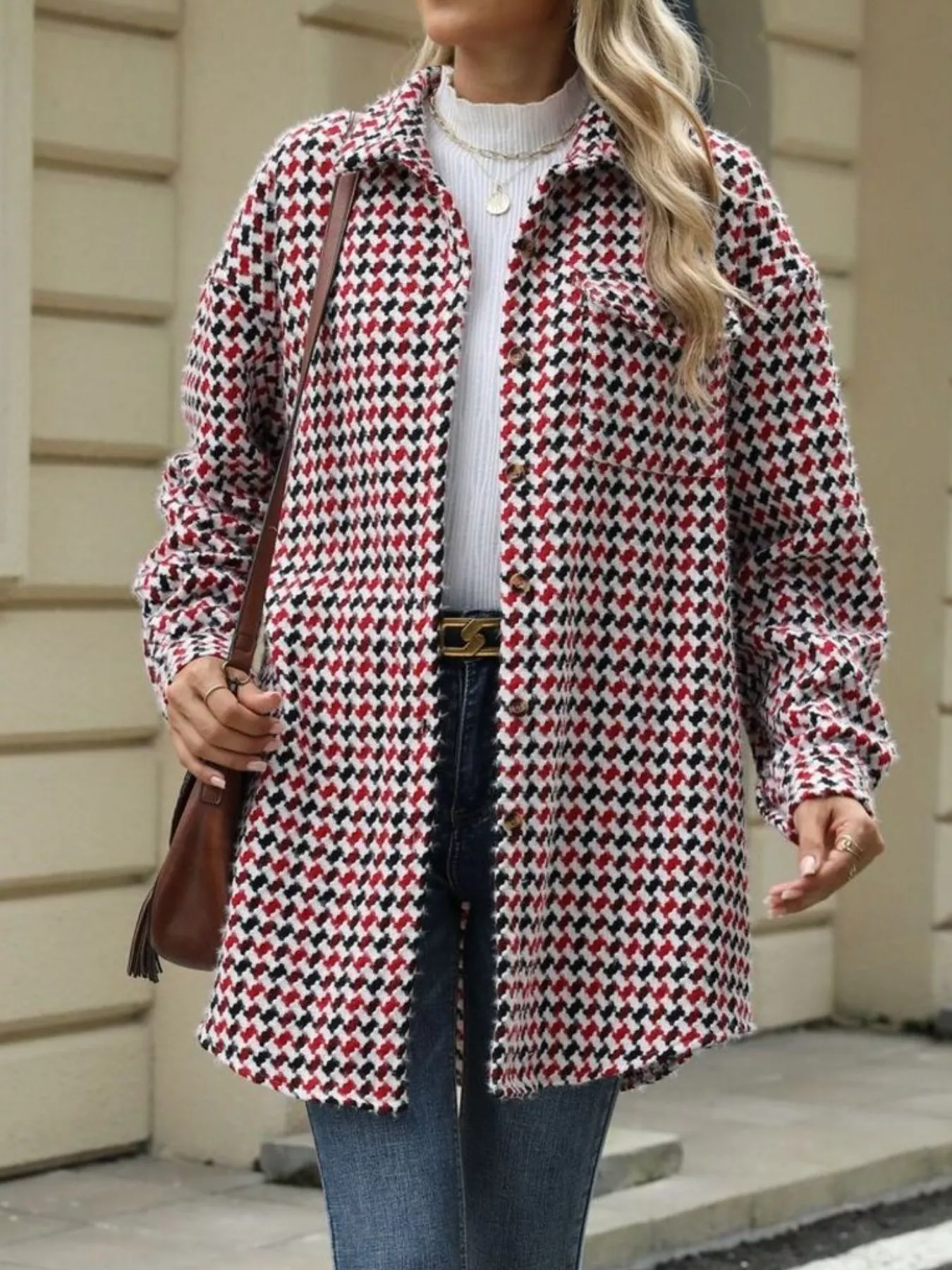 Houndstooth Button Up Long Sleeve Coat - Image 12