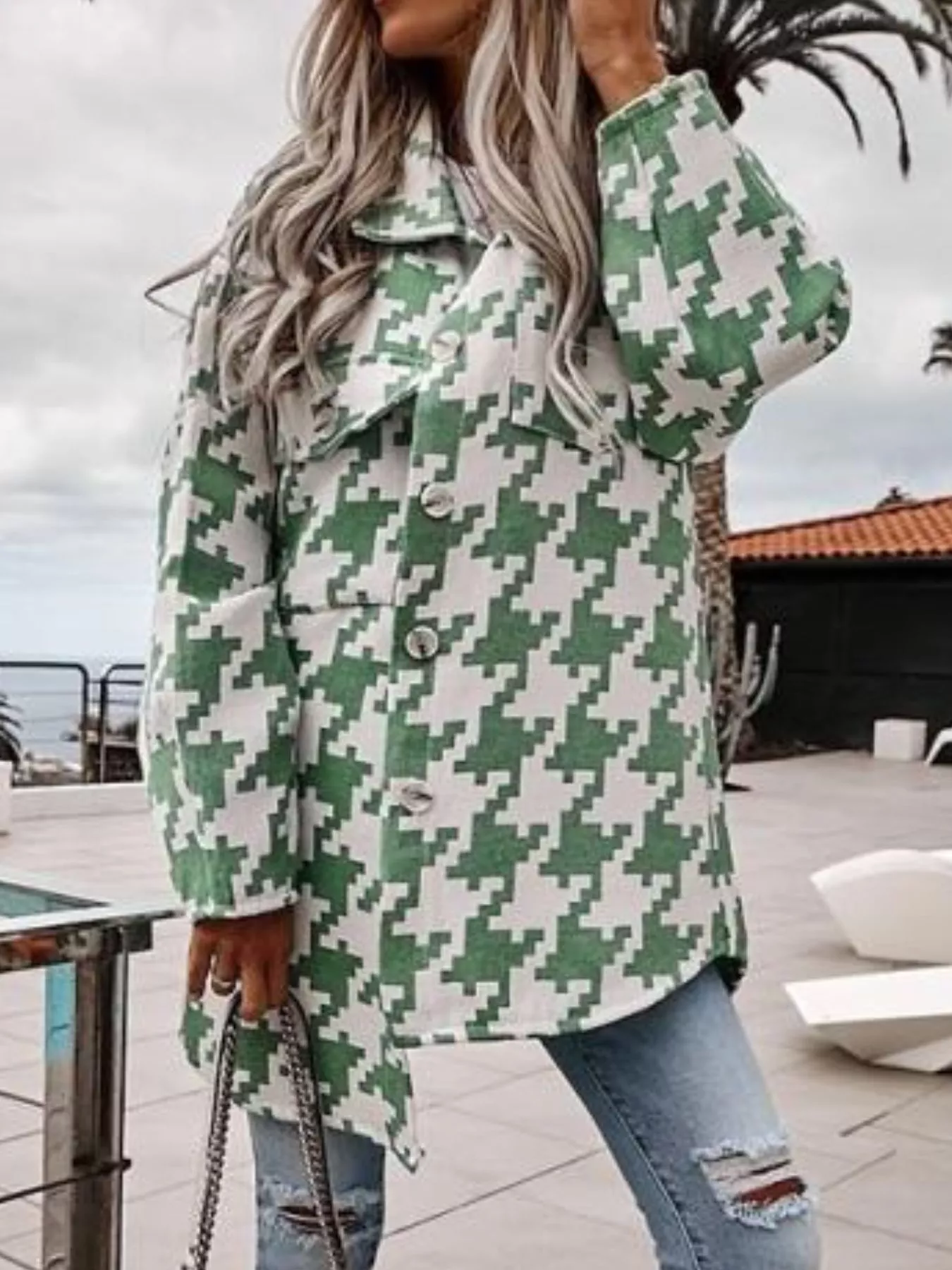 Houndstooth Button Up Long Sleeve Outerwear - Image 10