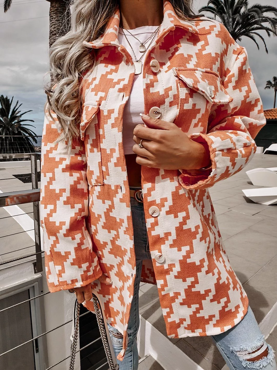 Houndstooth Button Up Long Sleeve Outerwear - Image 11