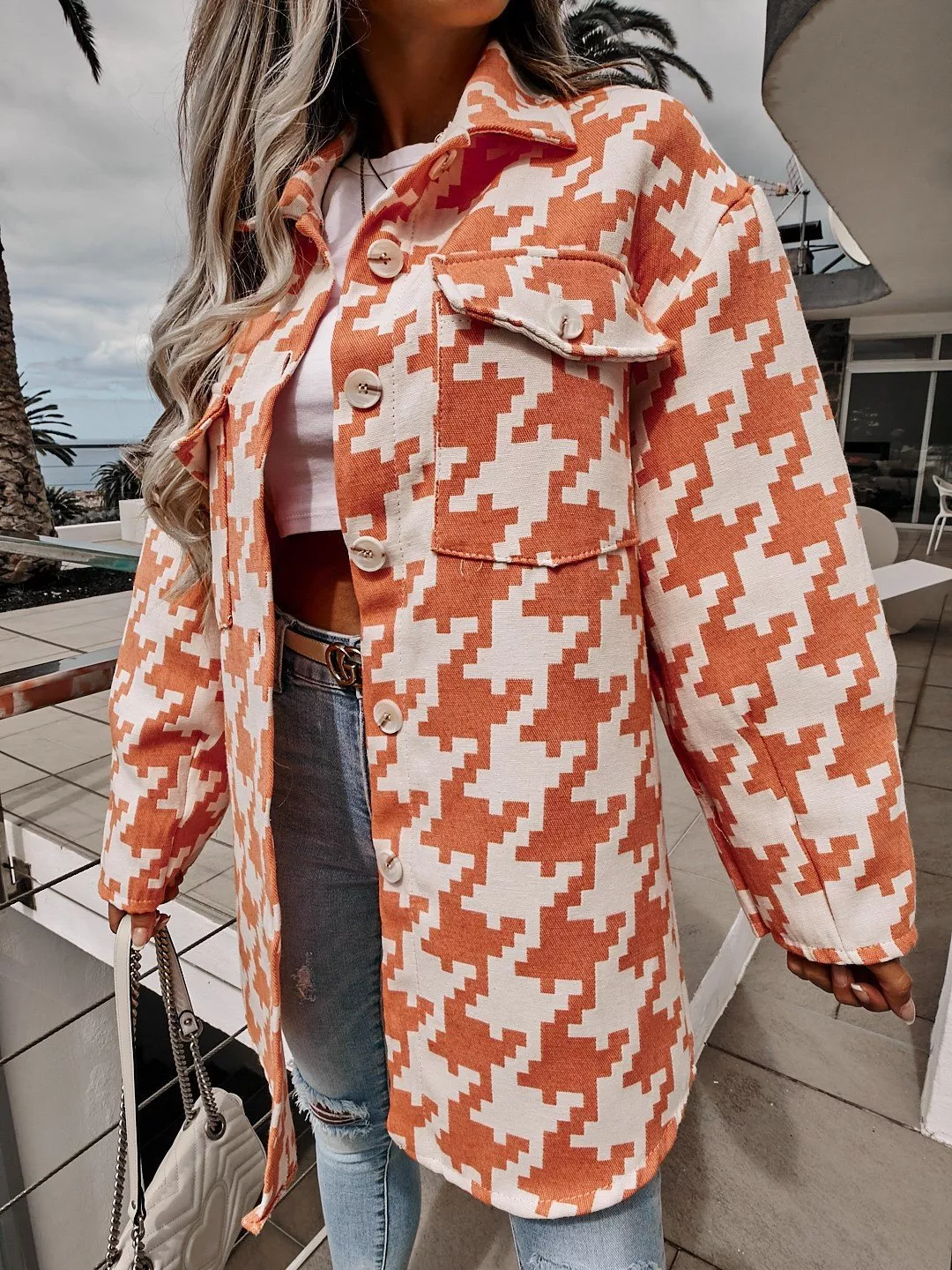 Houndstooth Button Up Long Sleeve Outerwear - Image 12