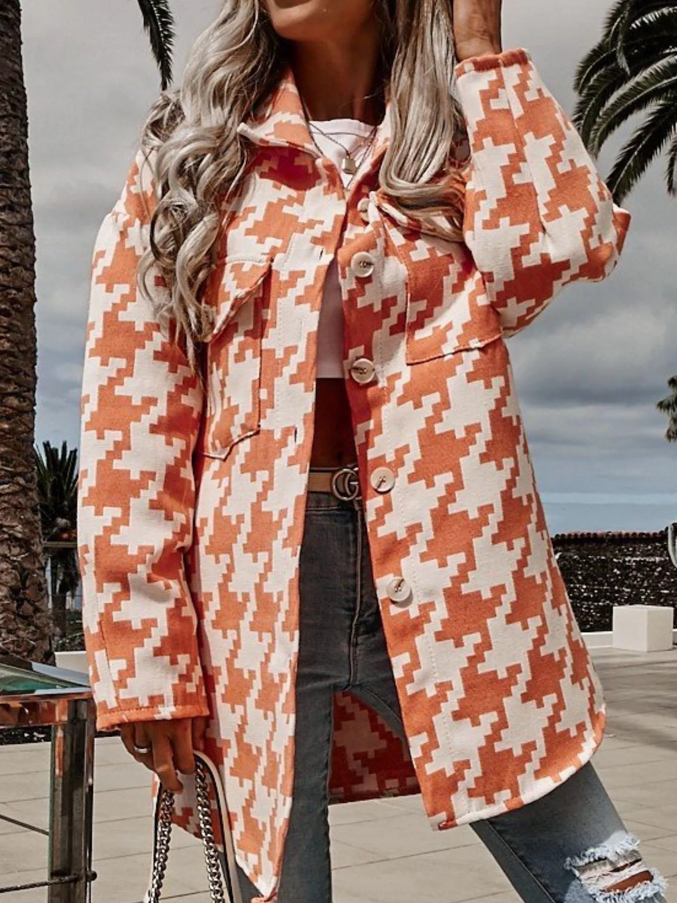 Houndstooth Button Up Long Sleeve Outerwear - Image 13