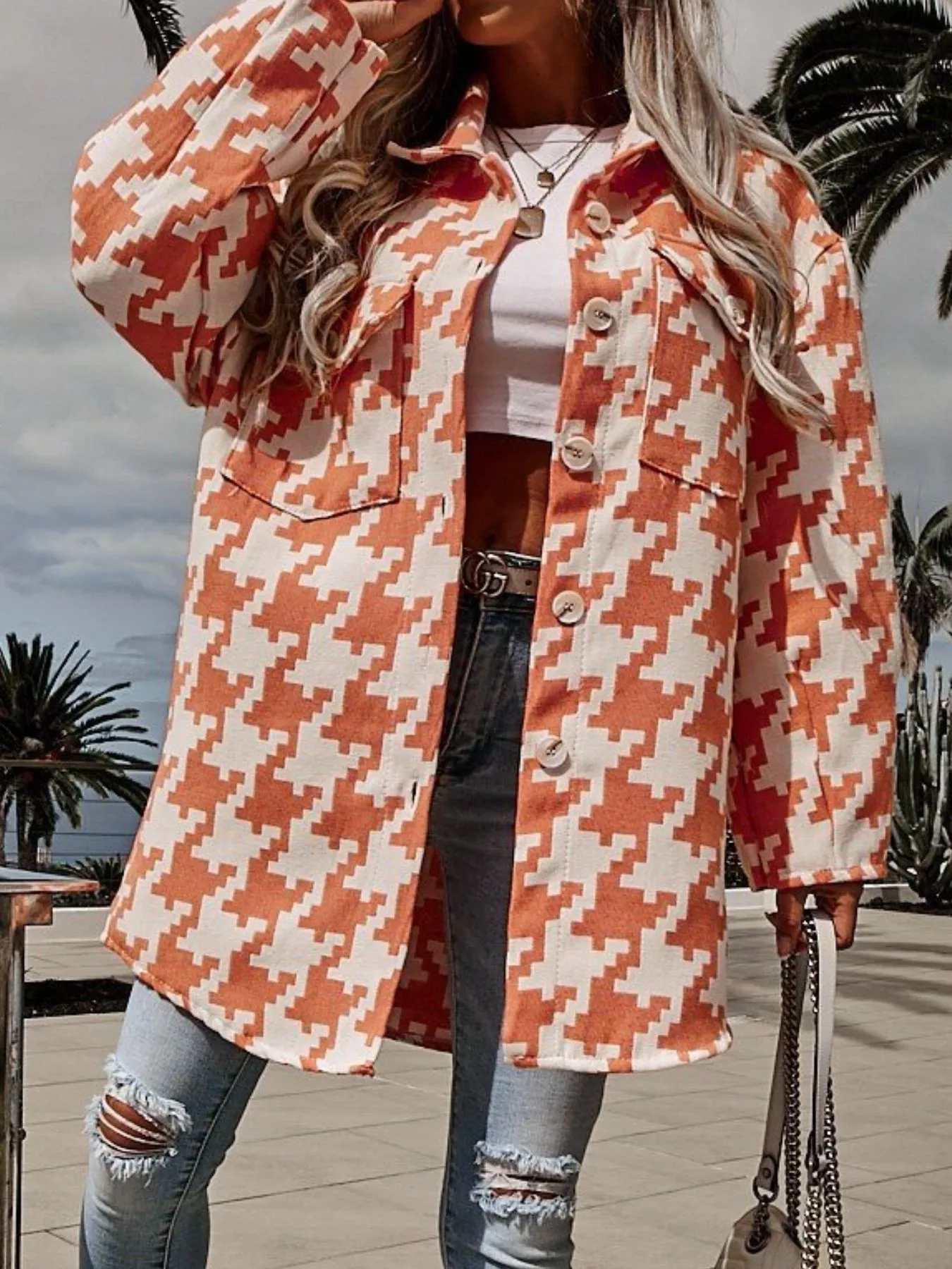 Houndstooth Button Up Long Sleeve Outerwear - Image 15