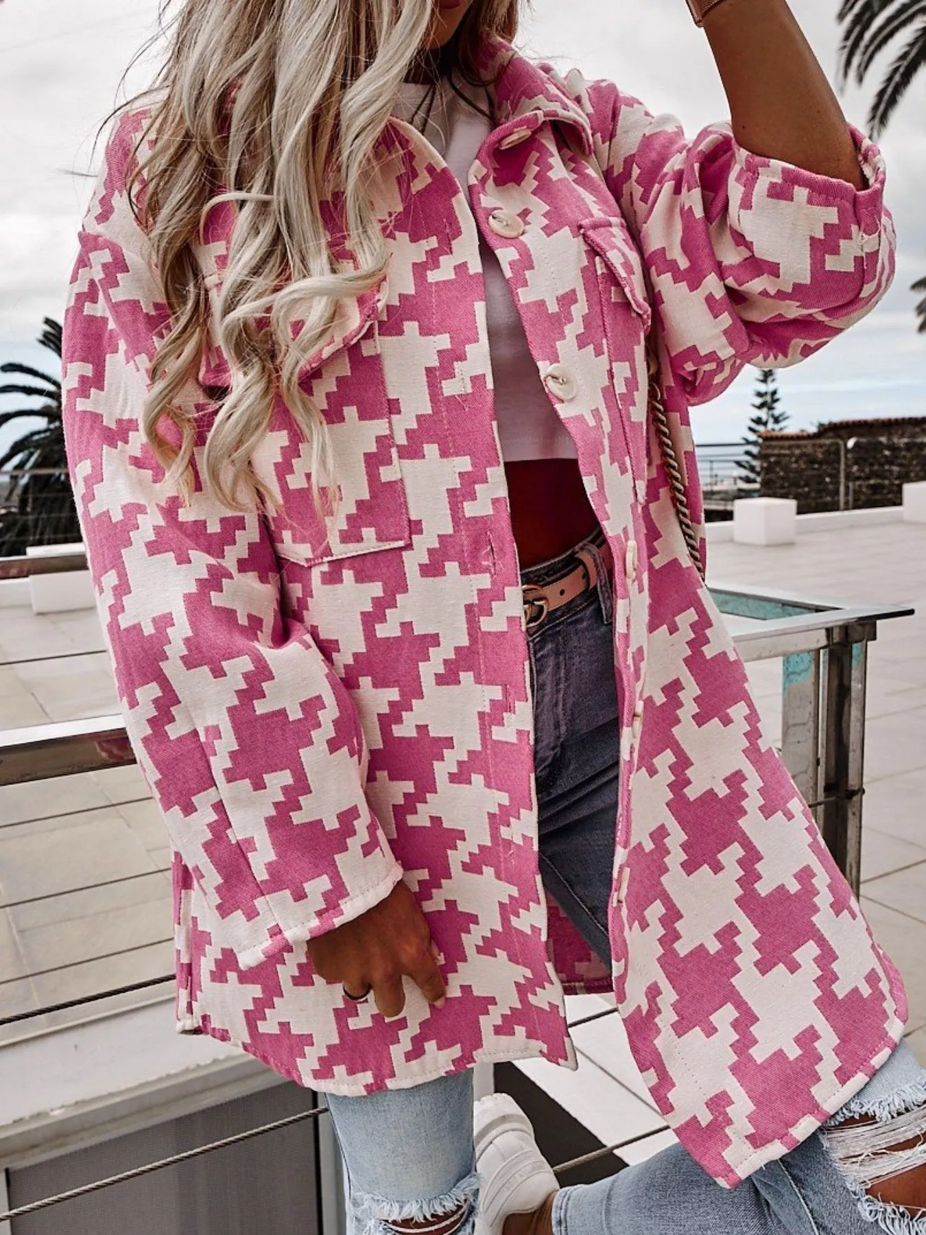 Houndstooth Button Up Long Sleeve Outerwear - Image 2