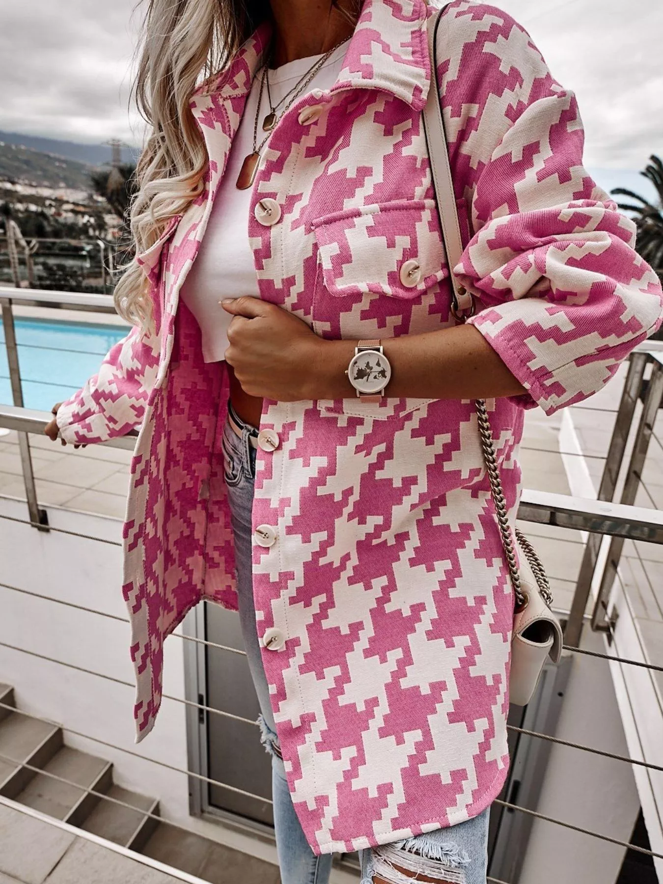 Houndstooth Button Up Long Sleeve Outerwear - Image 3