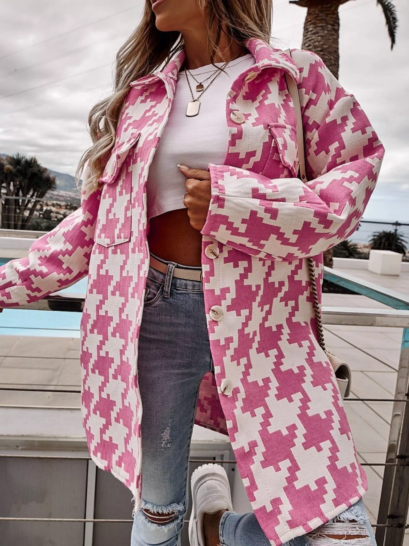 Houndstooth Button Up Long Sleeve Outerwear - Image 4