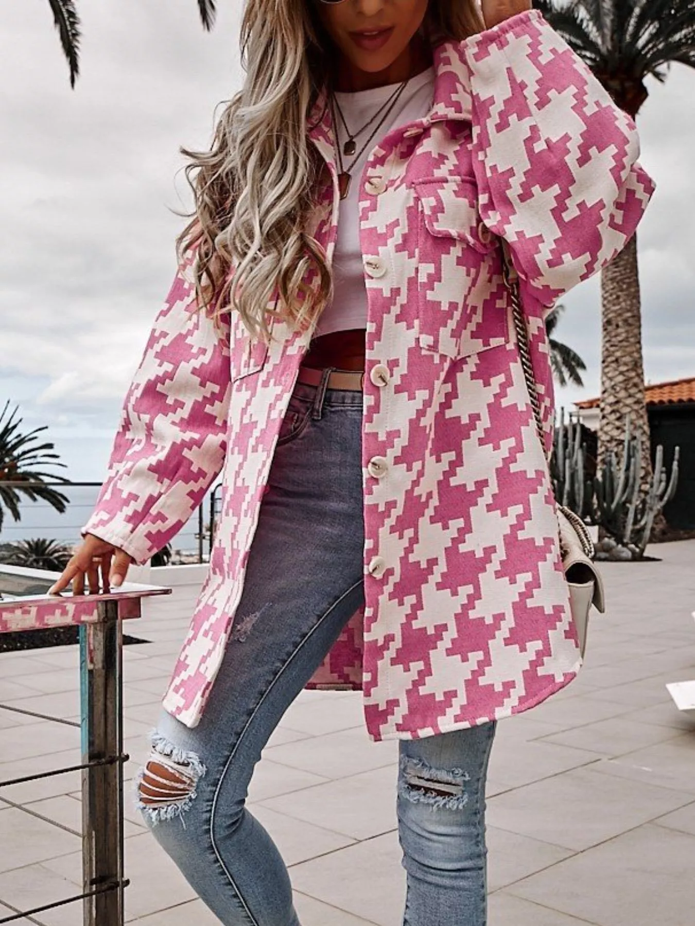 Houndstooth Button Up Long Sleeve Outerwear - Image 6