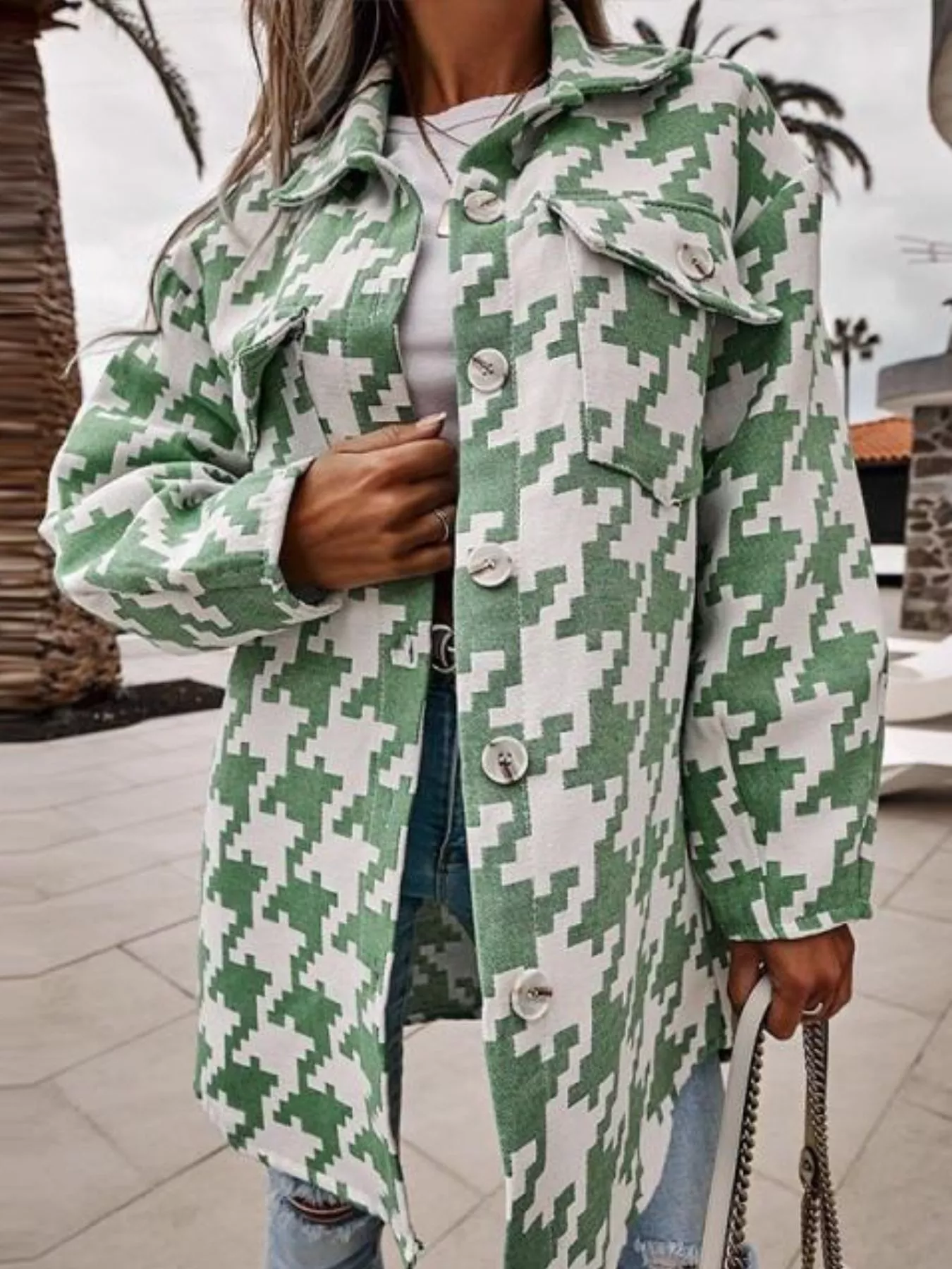 Houndstooth Button Up Long Sleeve Outerwear - Image 8