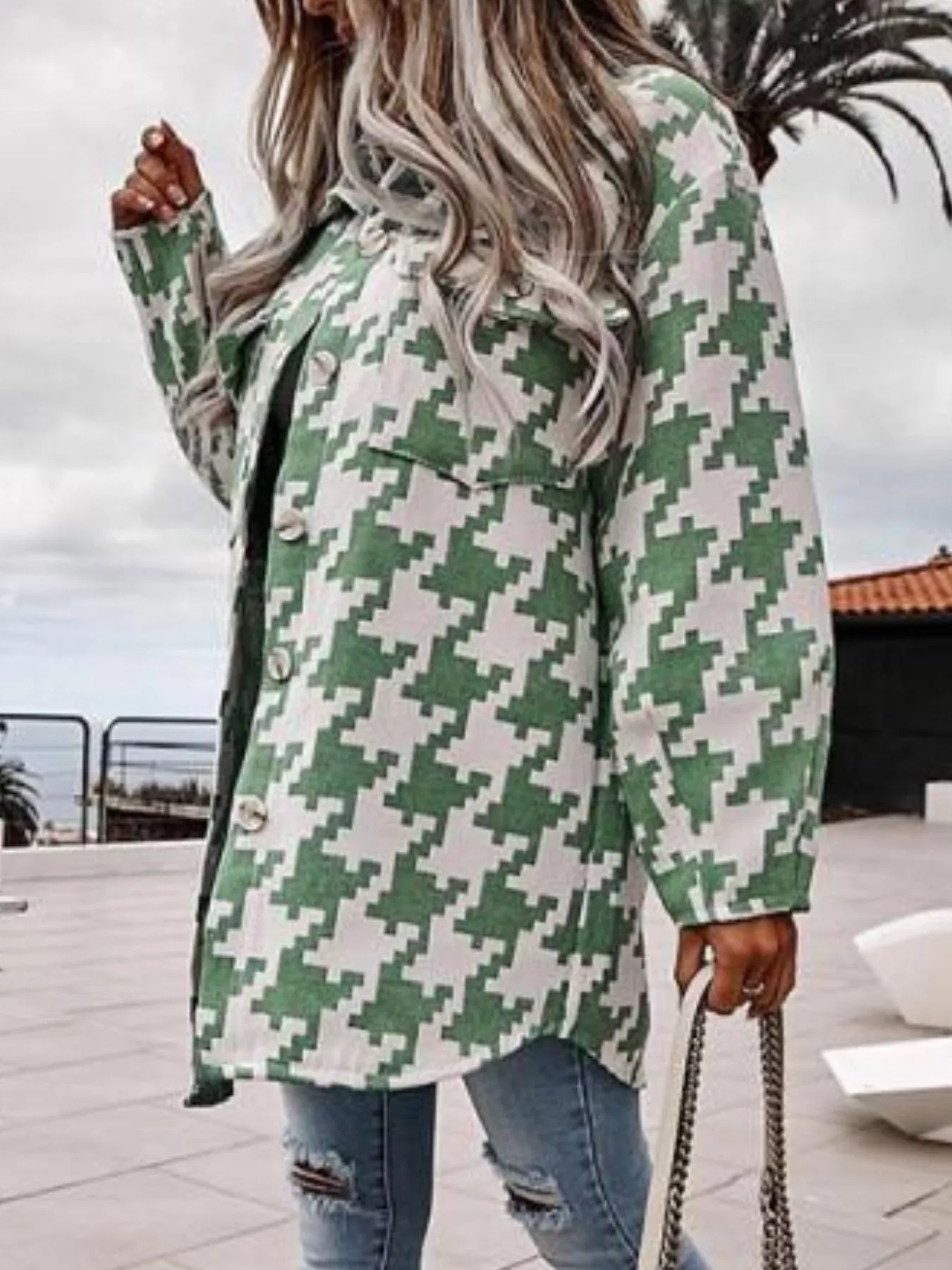 Houndstooth Button Up Long Sleeve Outerwear - Image 9