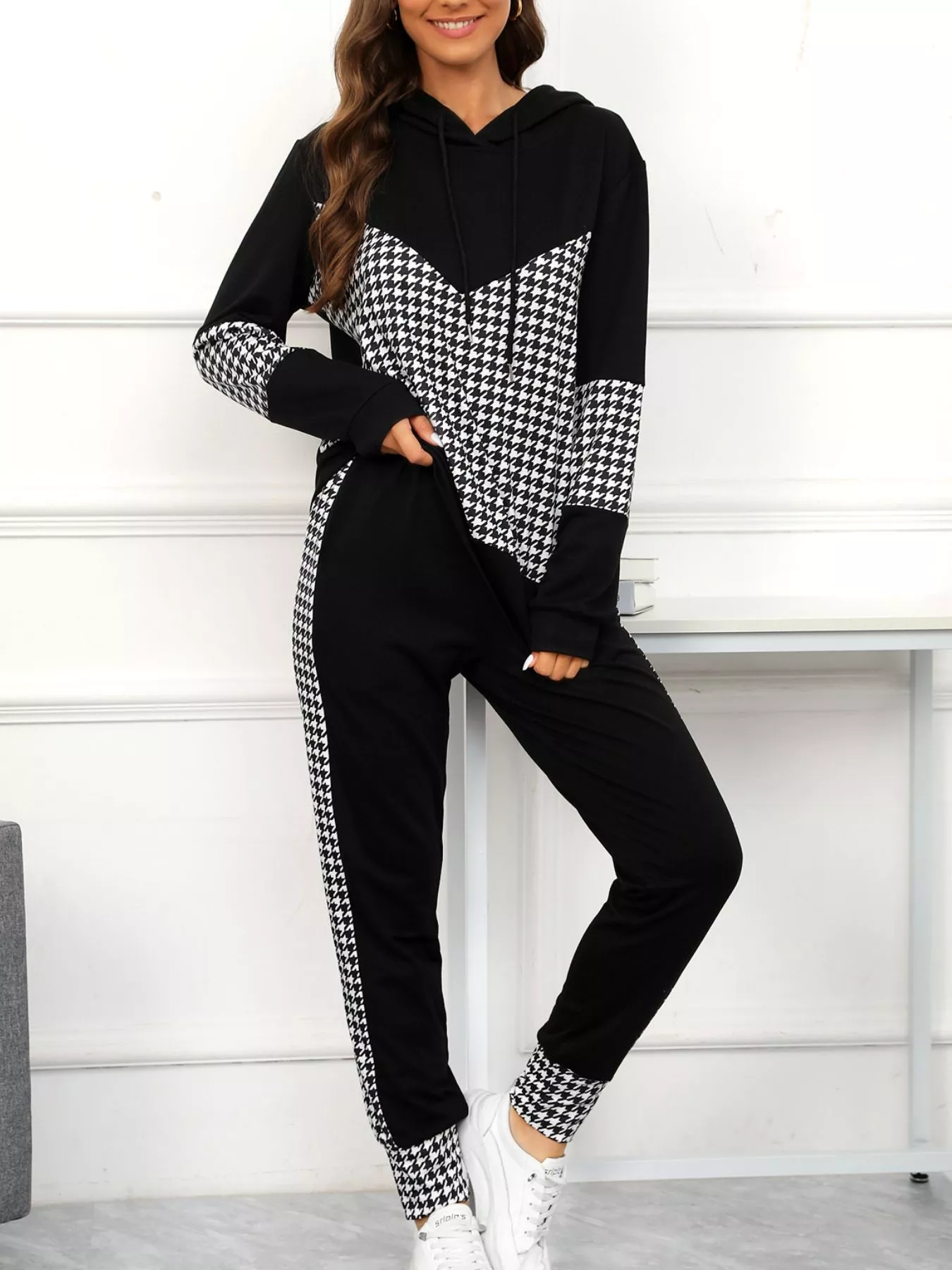 Houndstooth Drawstring Hoodie and Pants Se - Image 2