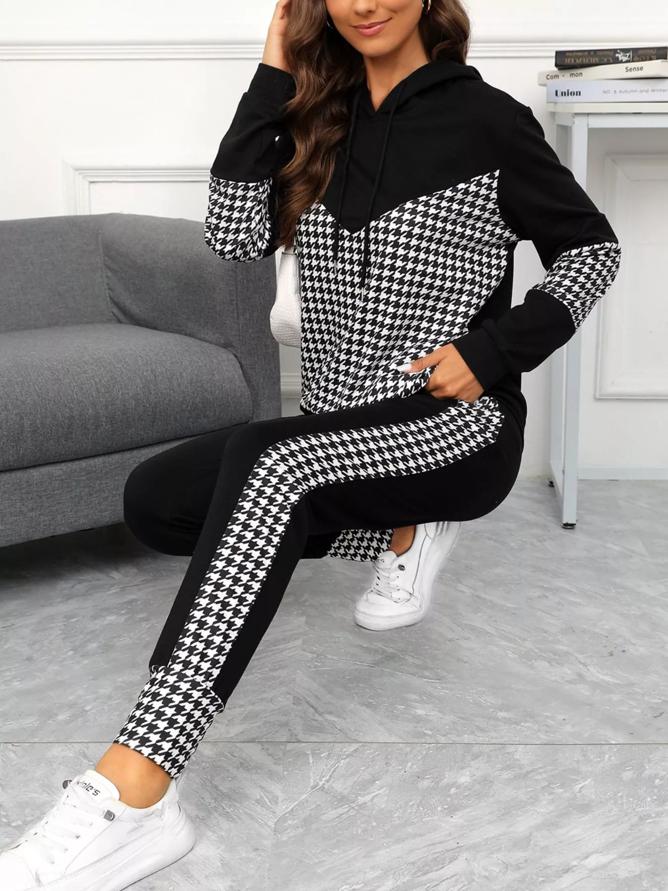 Houndstooth Drawstring Hoodie and Pants Se - Image 3