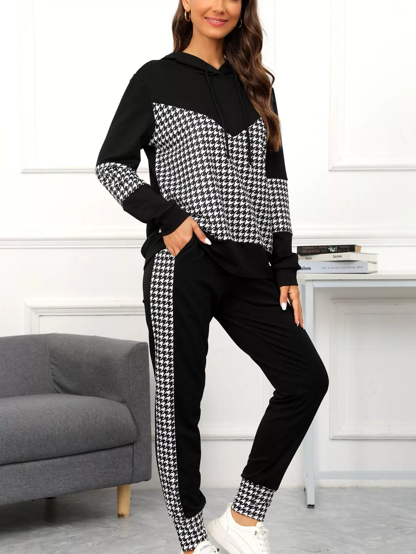 Houndstooth Drawstring Hoodie and Pants Se - Image 4