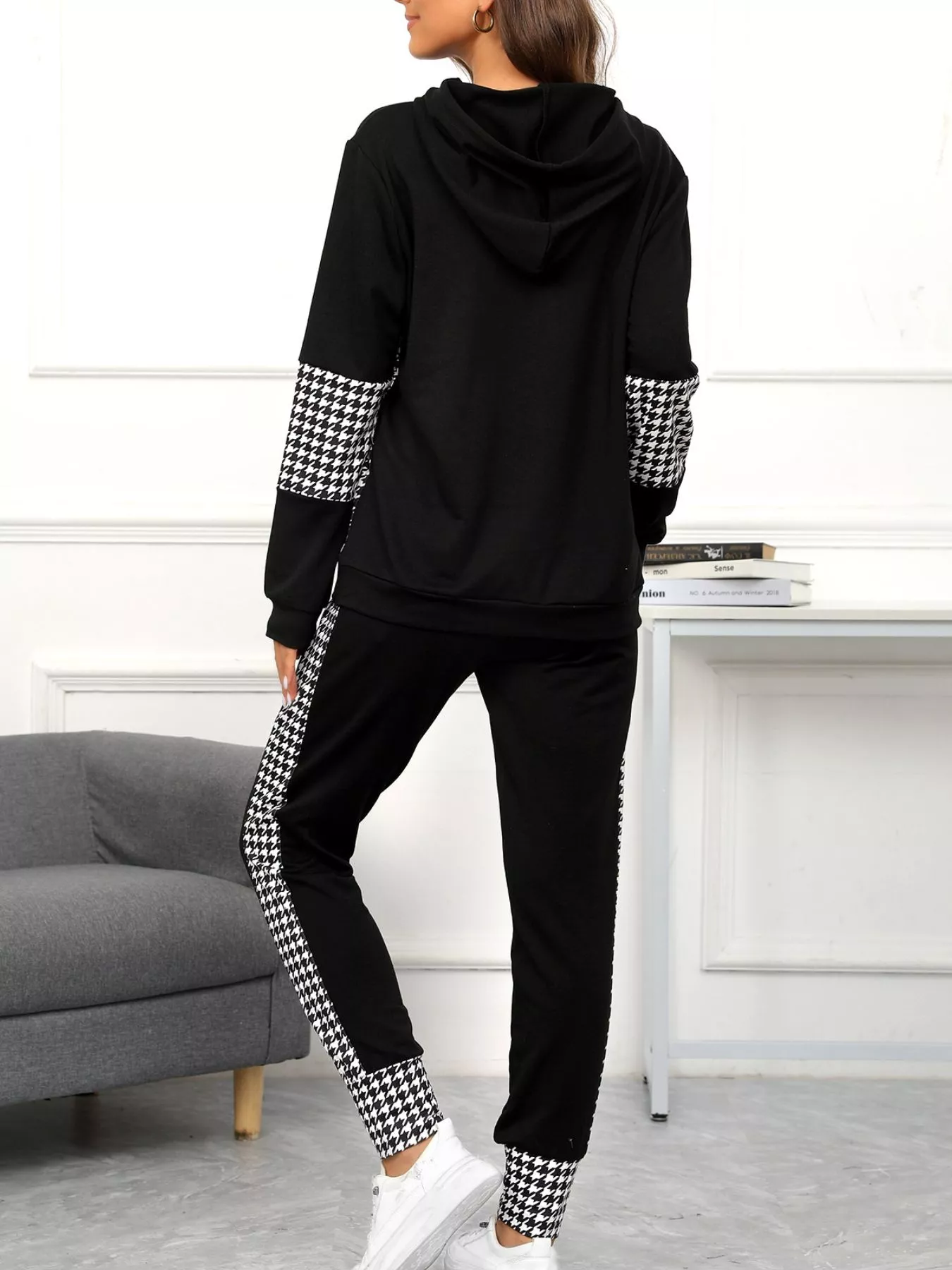 Houndstooth Drawstring Hoodie and Pants Se - Image 5