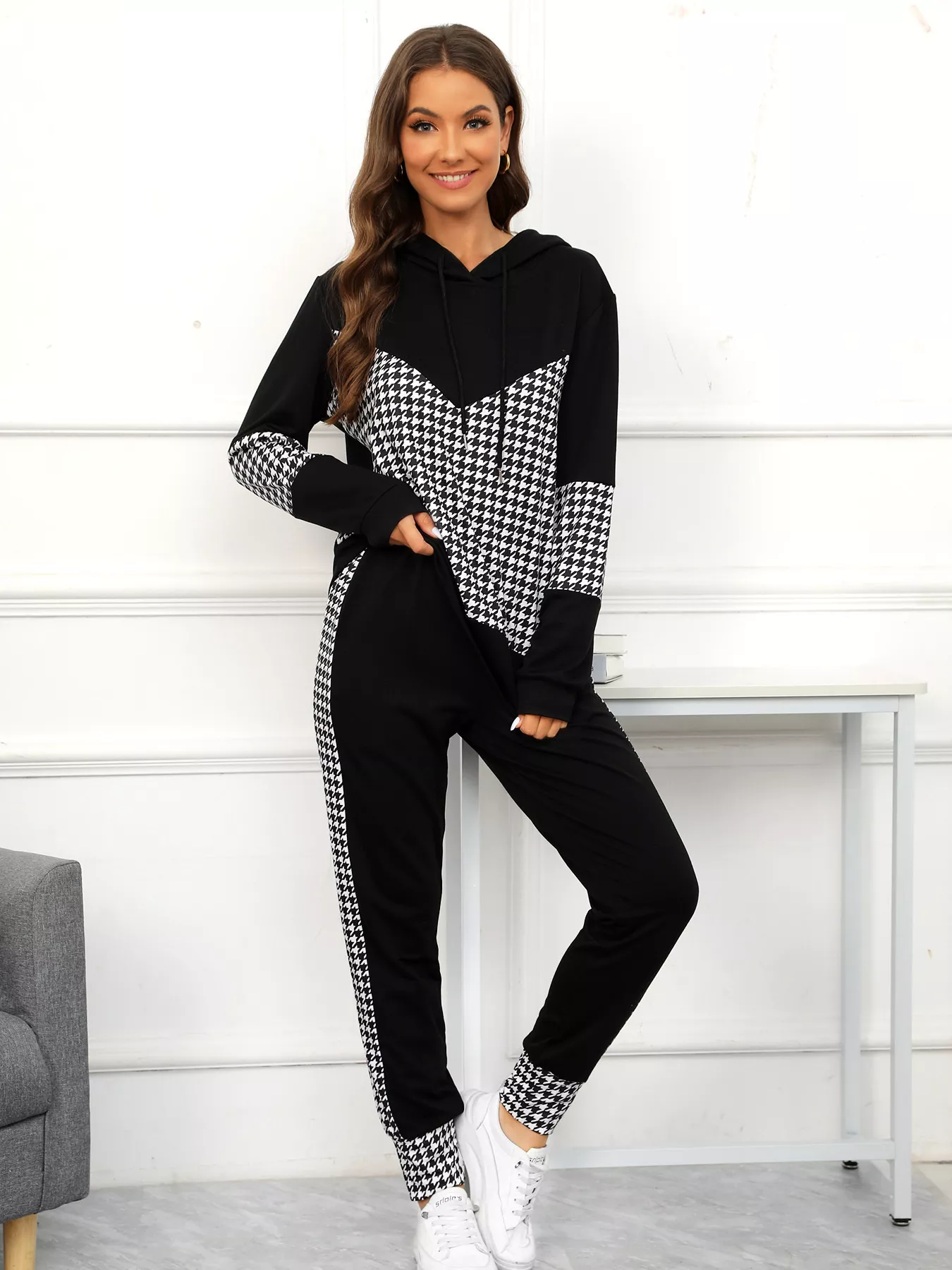Houndstooth Drawstring Hoodie and Pants Se - Image 6