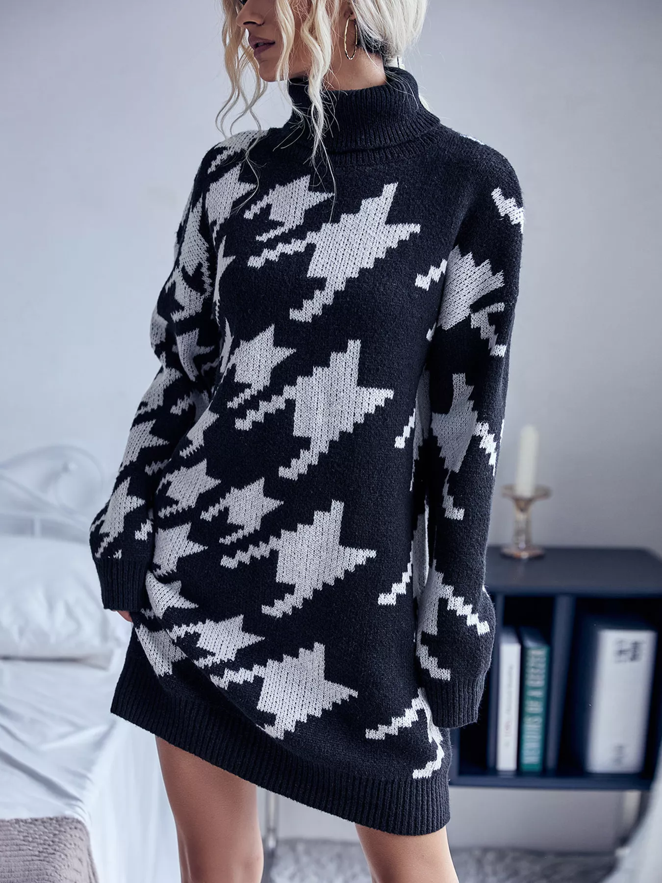 Houndstooth Pattern Turtleneck Sweater Dress - Image 2
