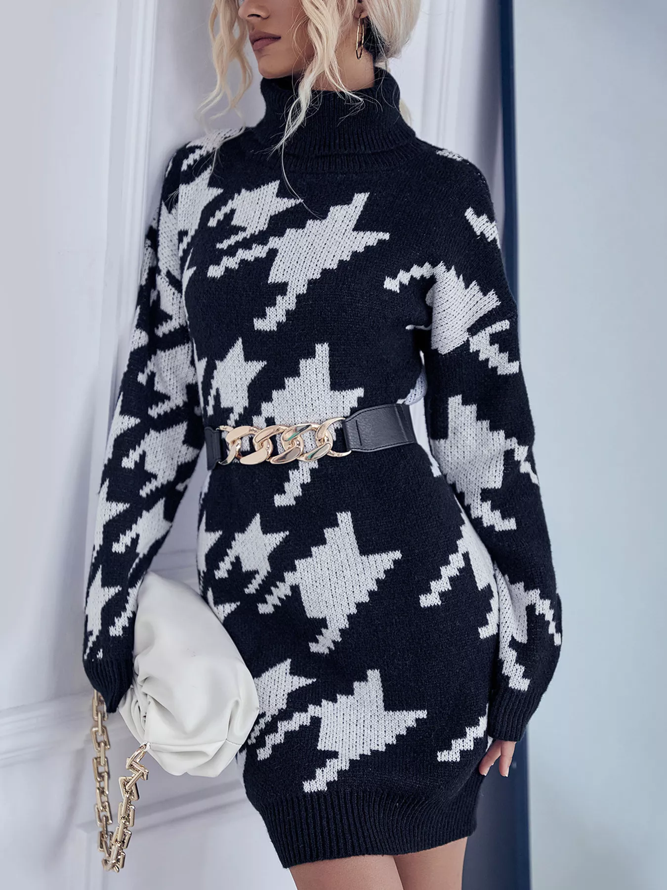 Houndstooth Pattern Turtleneck Sweater Dress - Image 5