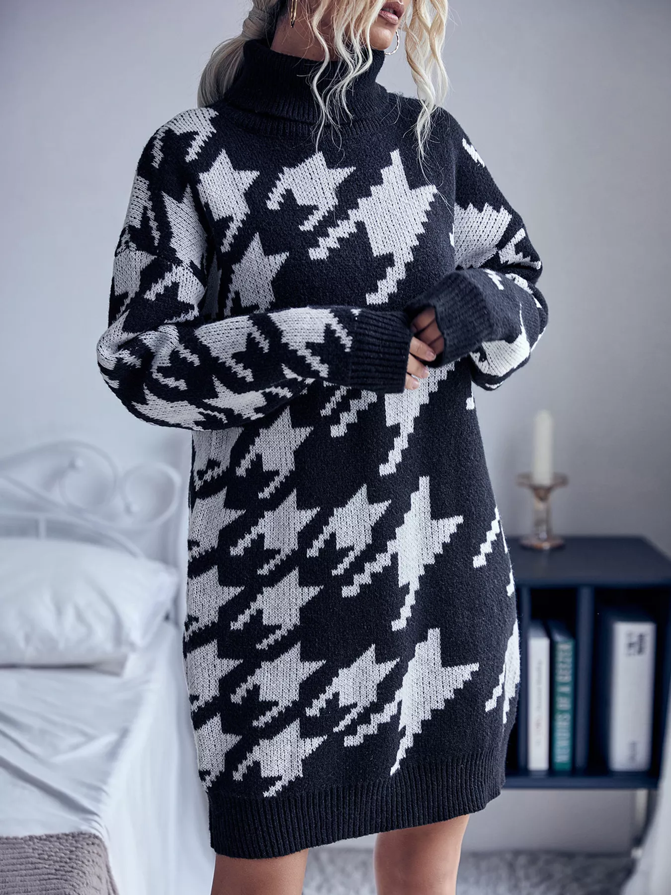 Houndstooth Pattern Turtleneck Sweater Dress - Image 6