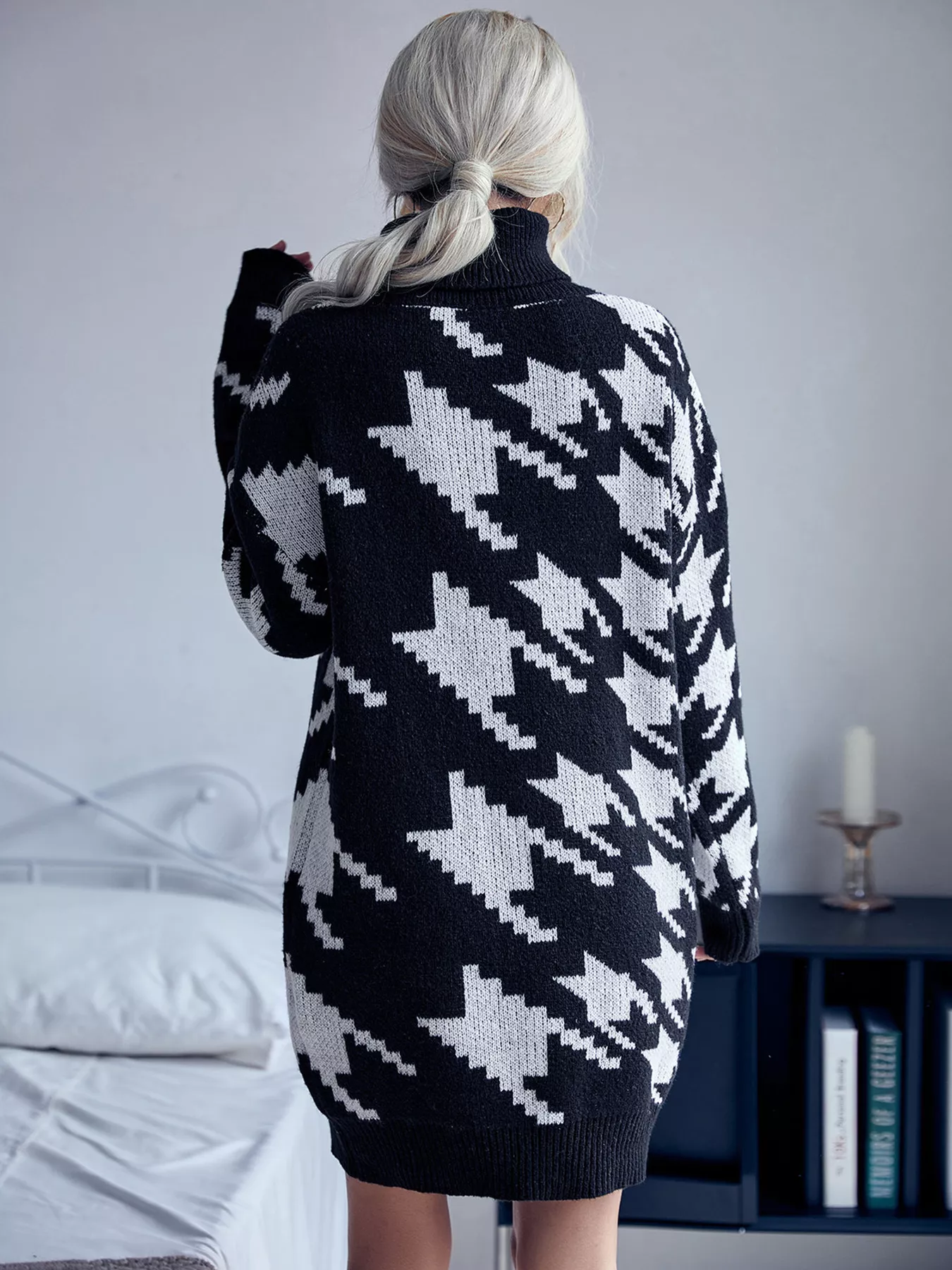 Houndstooth Pattern Turtleneck Sweater Dress - Image 7