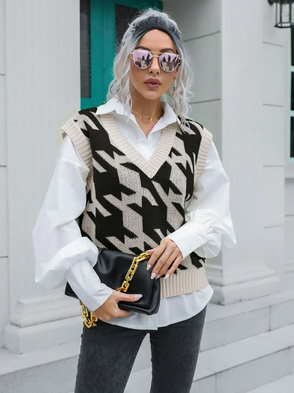 Houndstooth V-Neck Sweater Vest