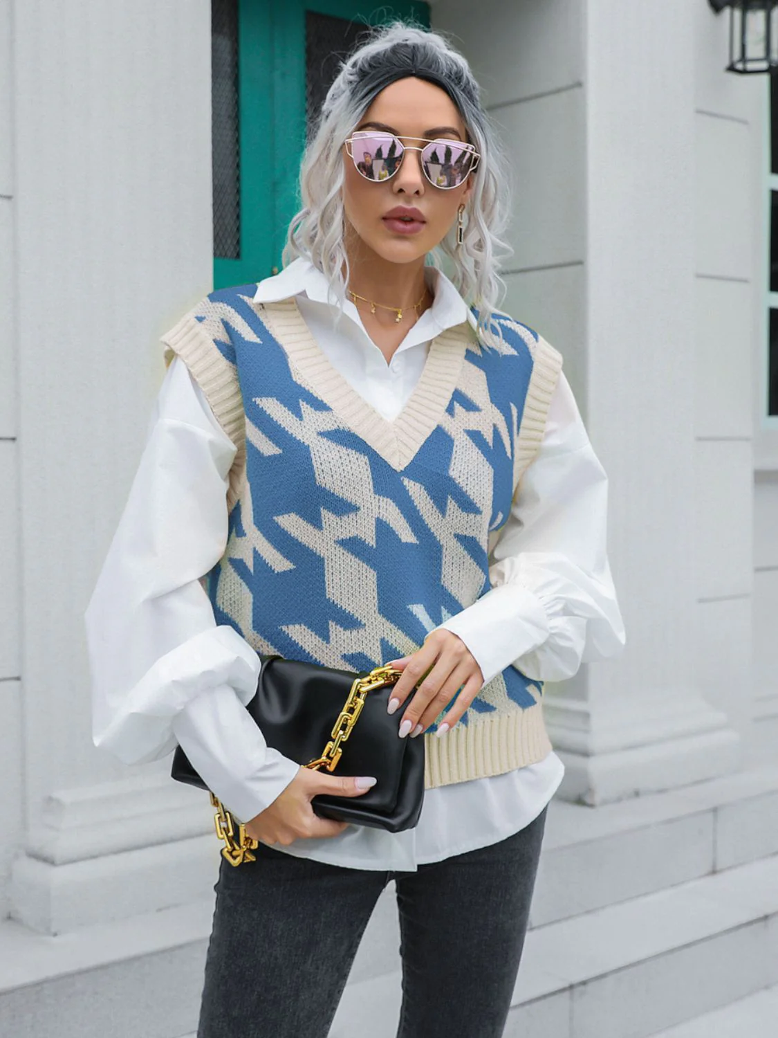 Houndstooth V-Neck Sweater Vest - Image 4