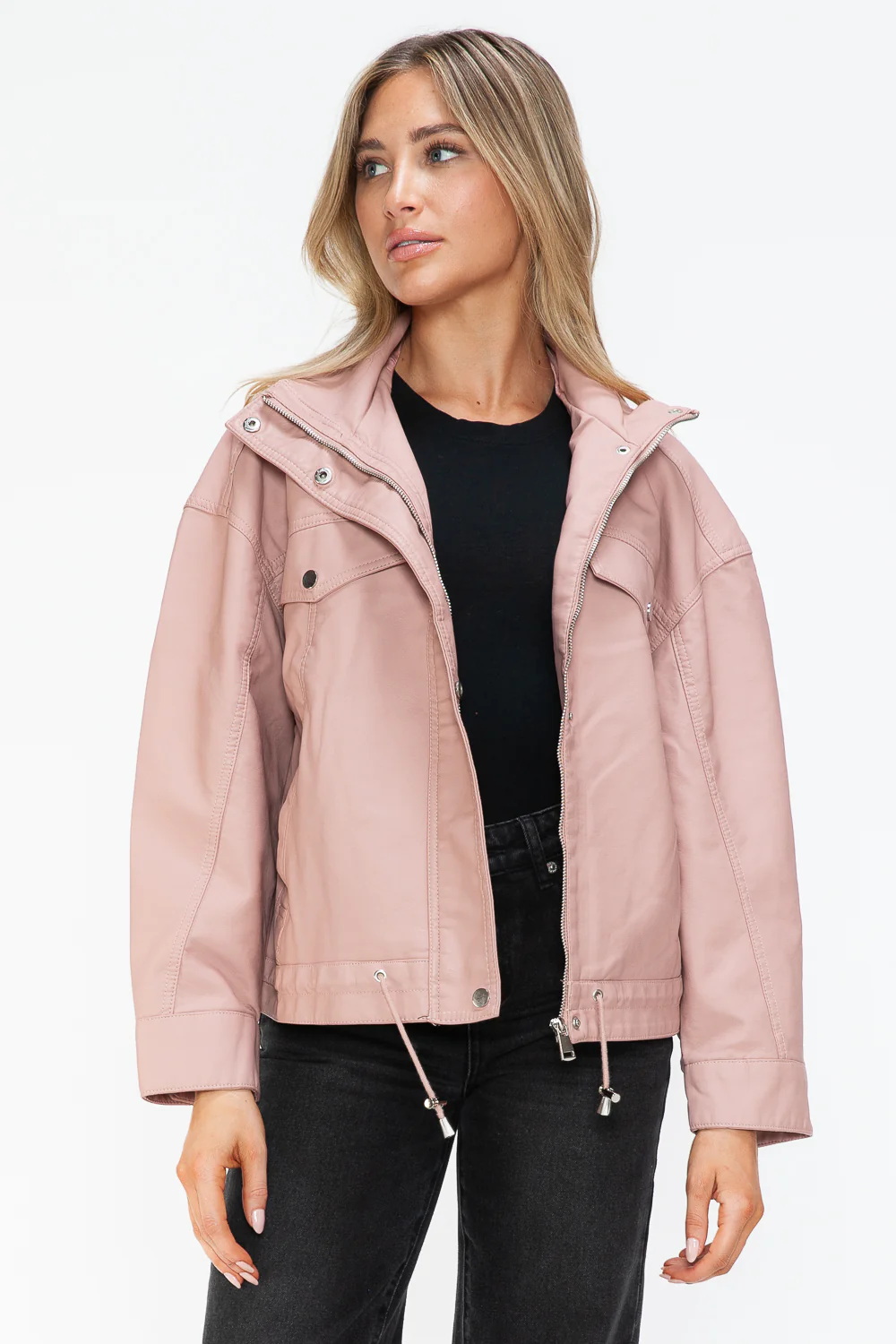 How Dare U Drawstring Hem PU Leather Zip Up Jacket - Image 10